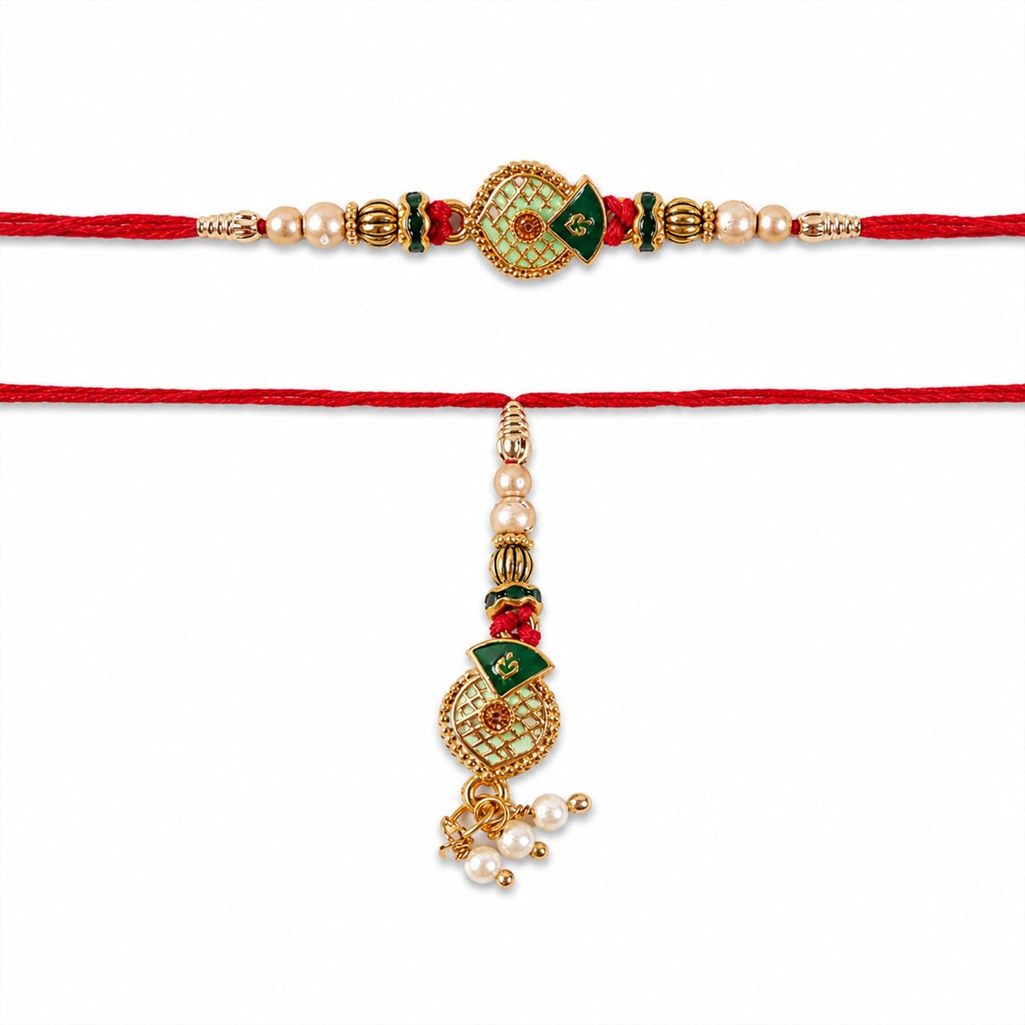 Green Meenakari Bhaiya Bhabhi Rakhi Set with Pearl Beads