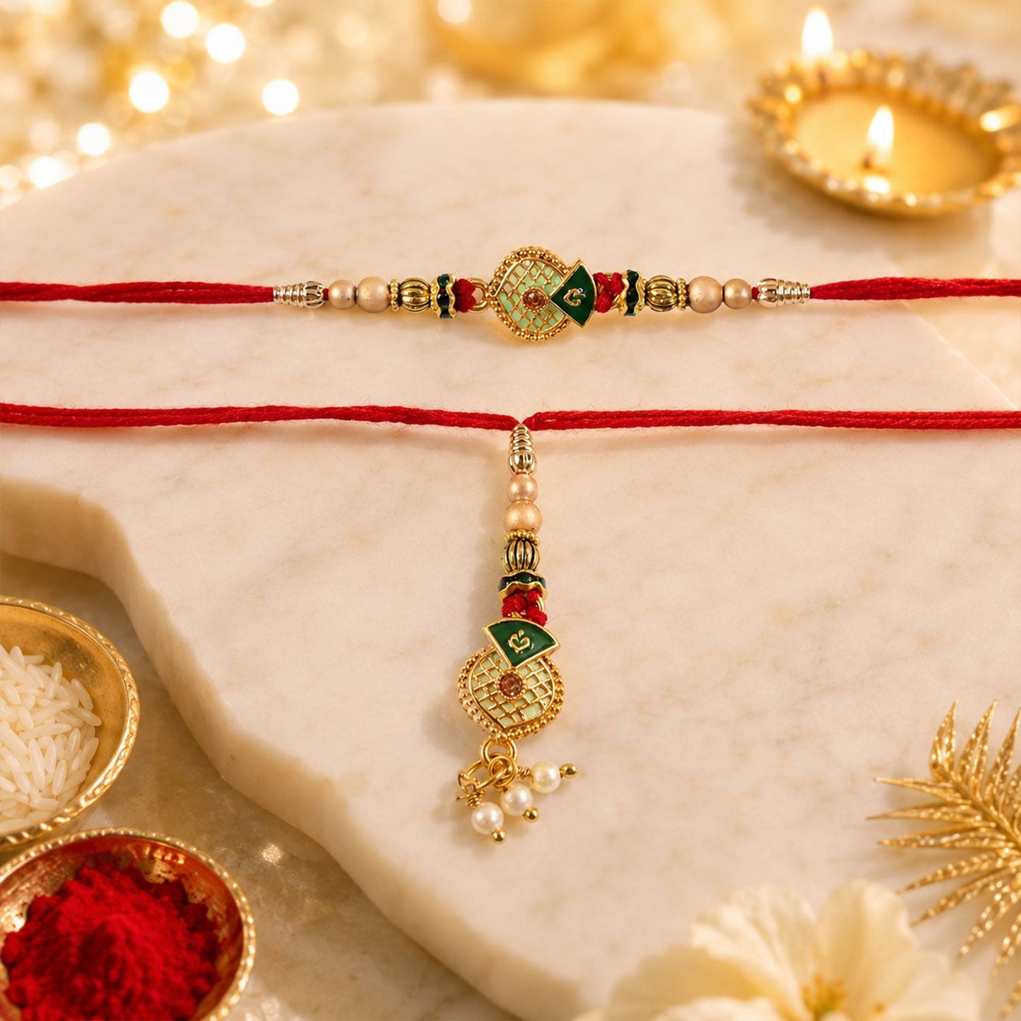 Green Meenakari Bhaiya Bhabhi Rakhi Set with Pearl Beads