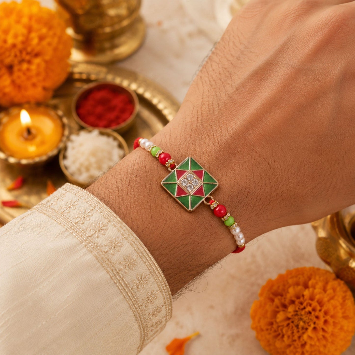 Red & Green Square Meenakari Bhaiya Bhabhi Rakhi