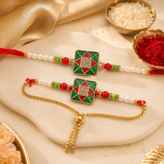 Red & Green Square Meenakari Bhaiya Bhabhi Rakhi