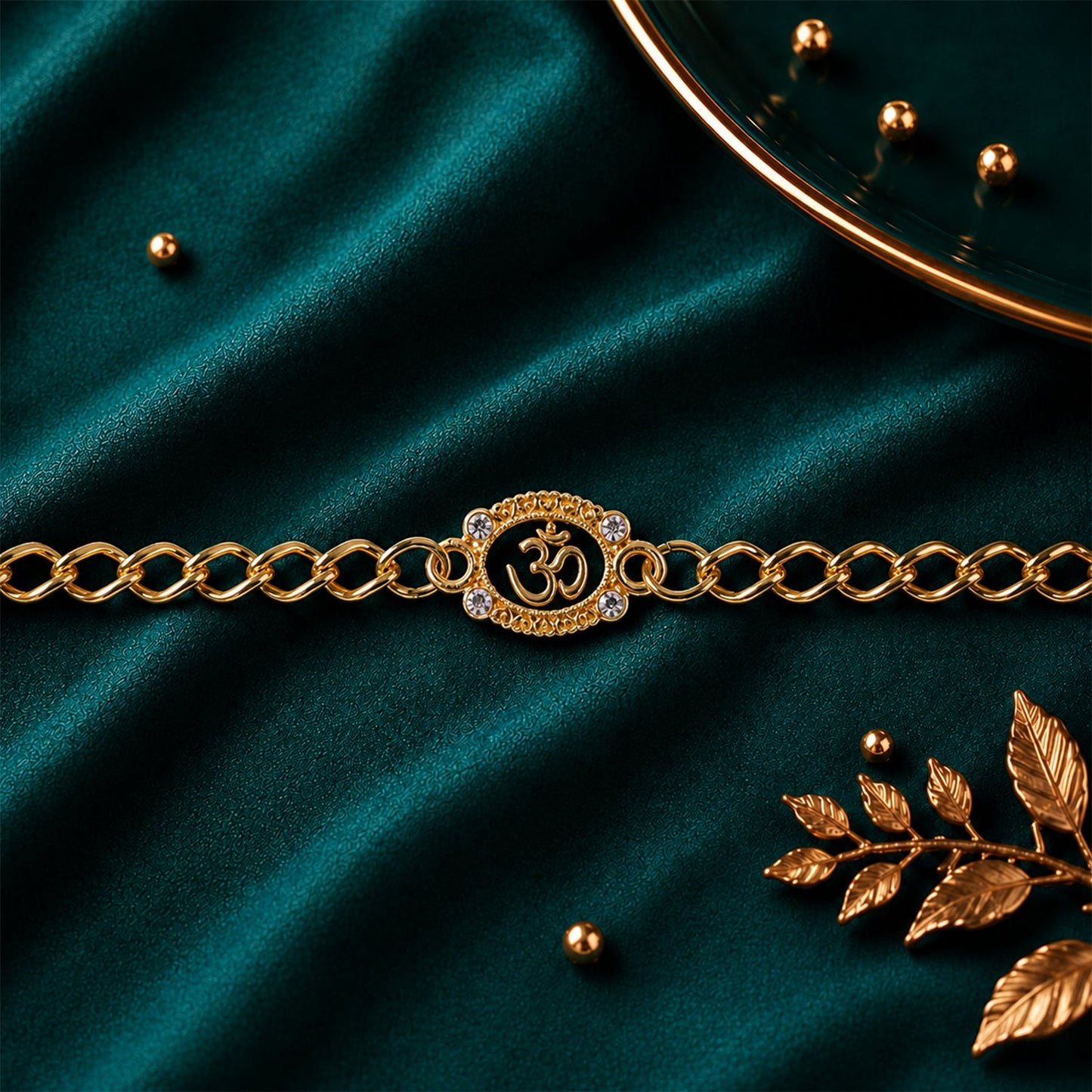 Decorative beads and thread detail of Om rakhi bracelet