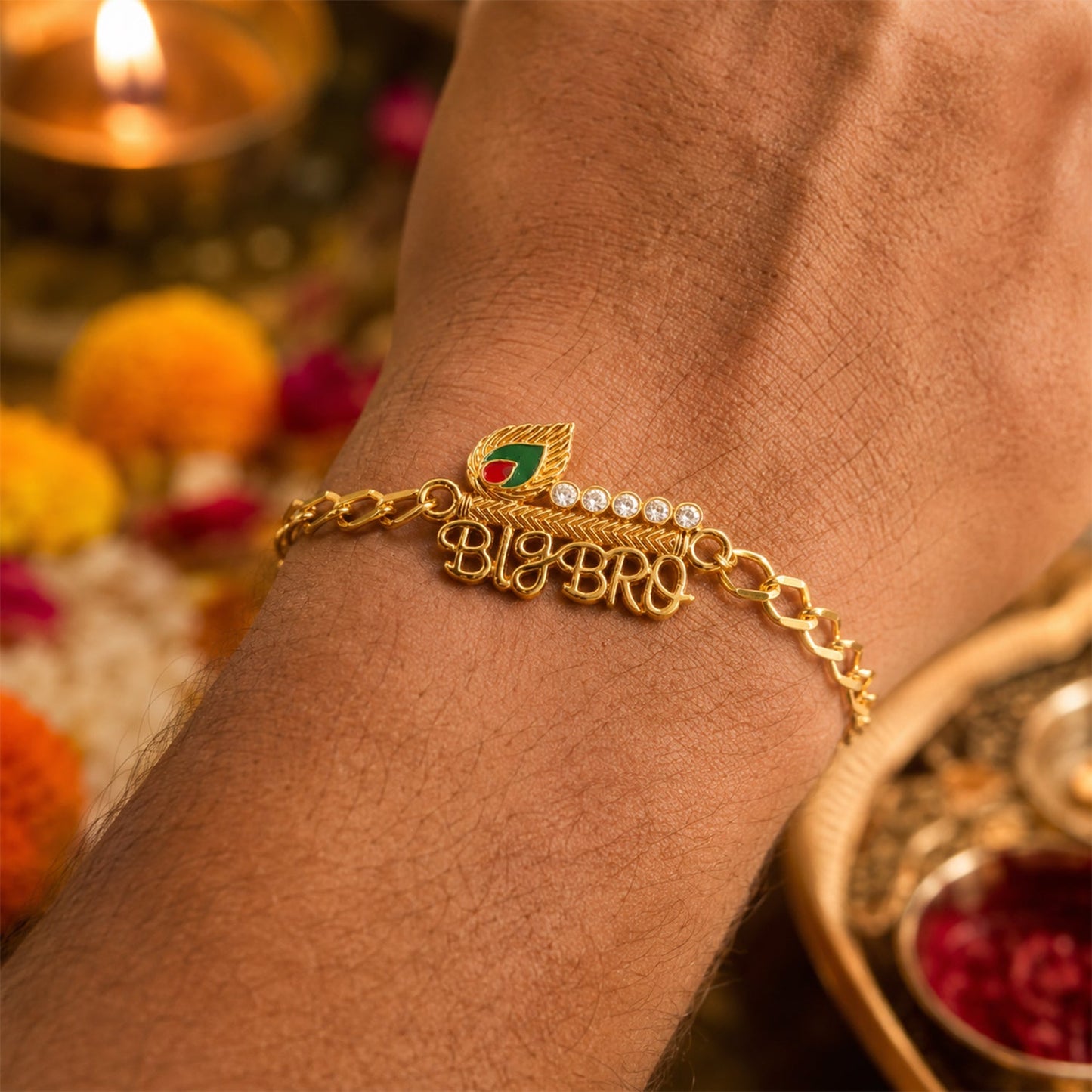 Traditional and modern styled gold tone rakhi bracelet
