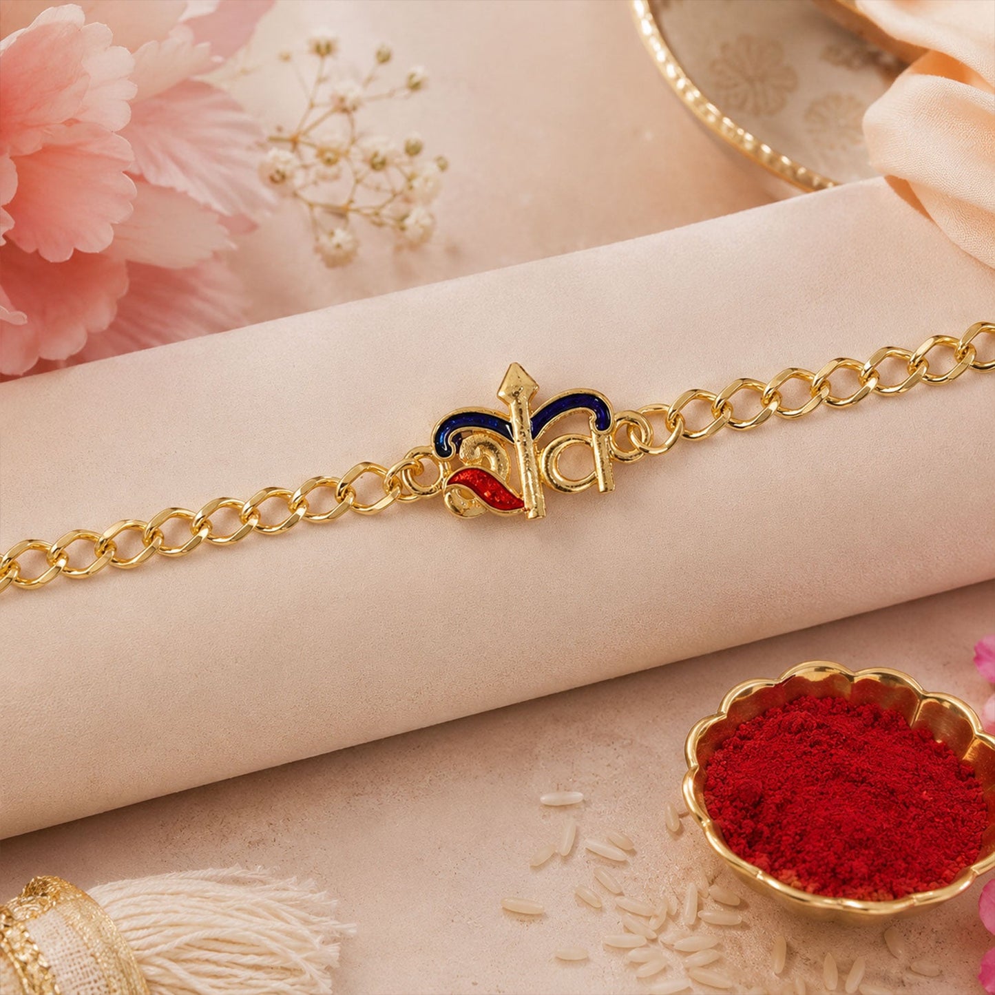 lightweight thread bracelet rakhi with gold tone centerpiece