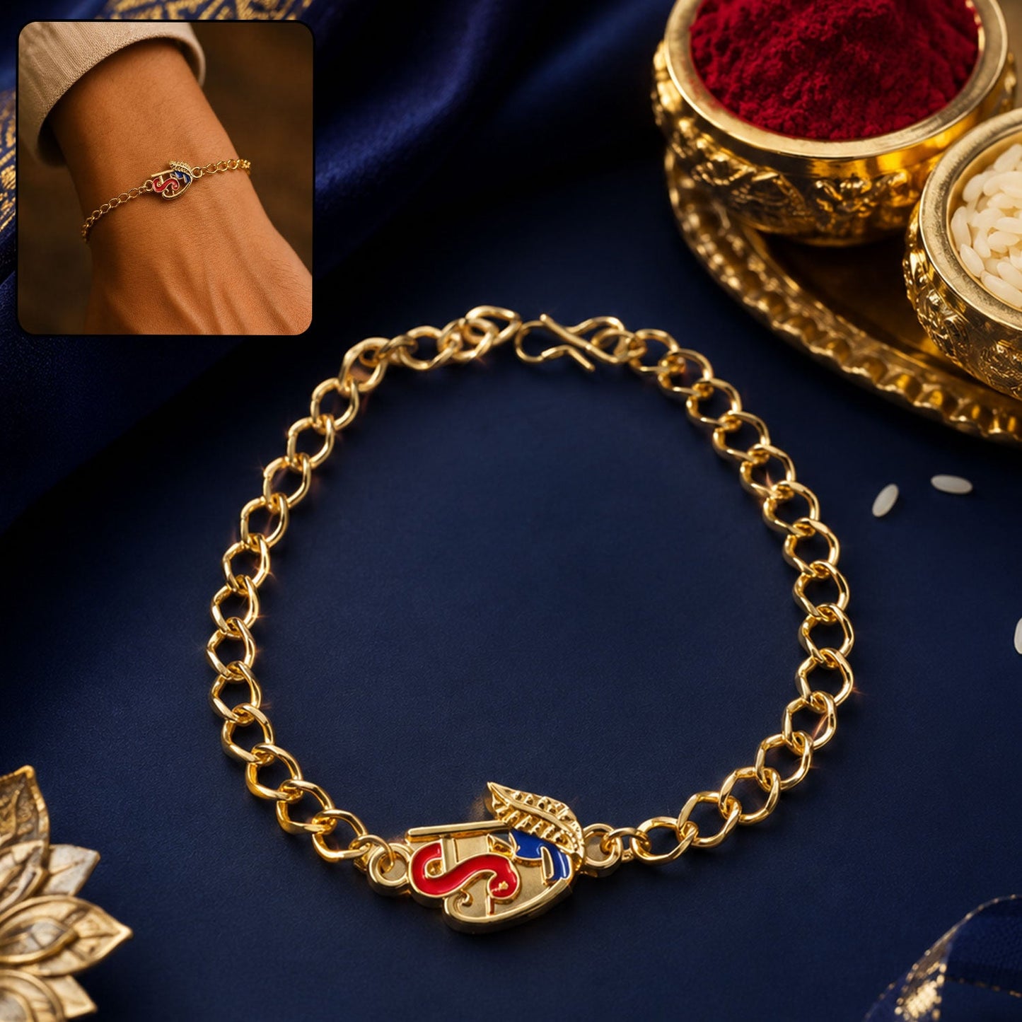 Auspicious Red Blue Enamel Gold Tone Bracelet Rakhi close-up