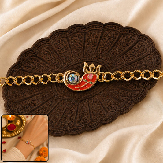 Ganesha Red Enamel Stone Gold Tone Rakhi Bracelet close-up