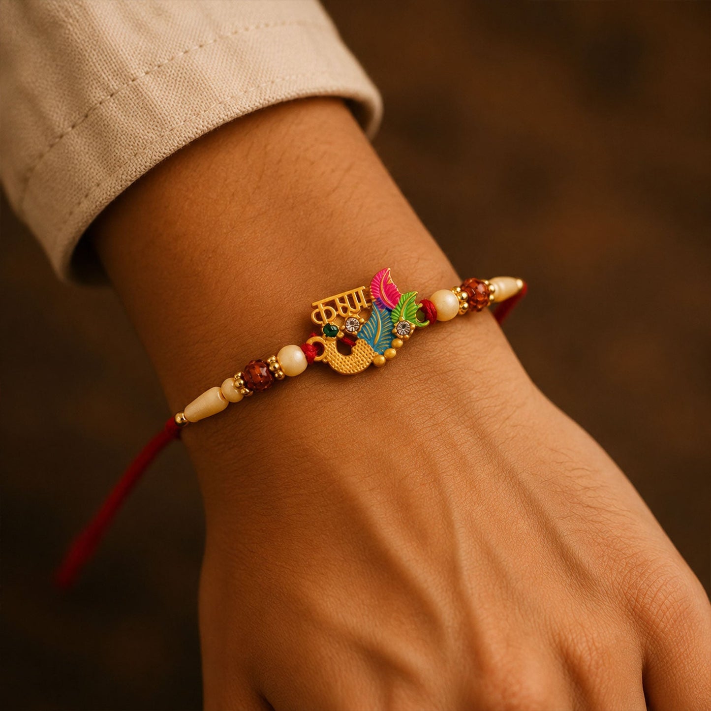 Lord Krishna Multicolor Enamel Gold Tone Rakhi