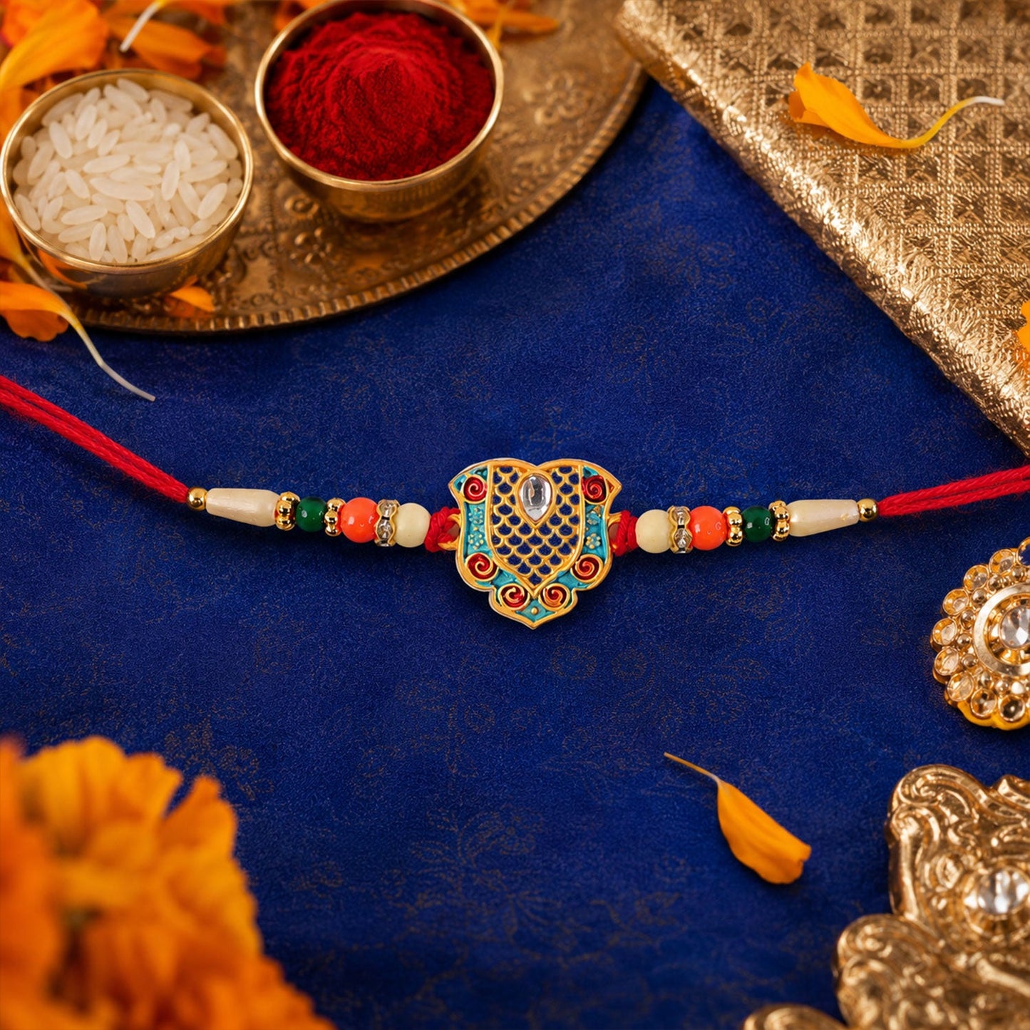 Premium designer enamel gold tone Rakhi on white background