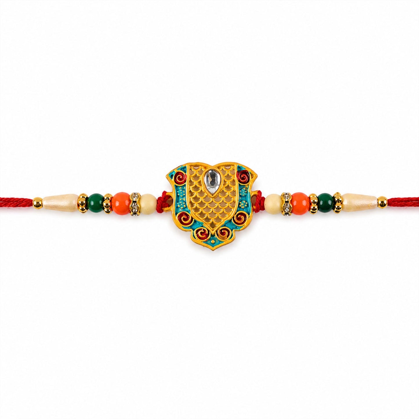 Side view of designer Rakhi with enamel work