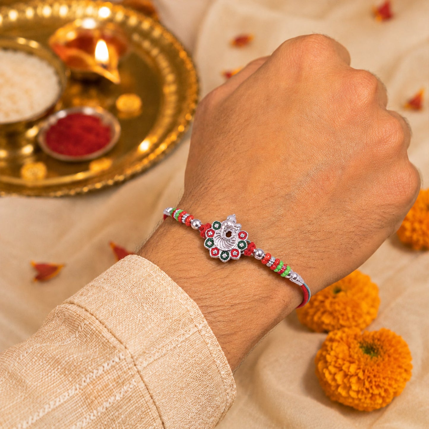 Ganesh Stone Studded Silver Tone Rakhi