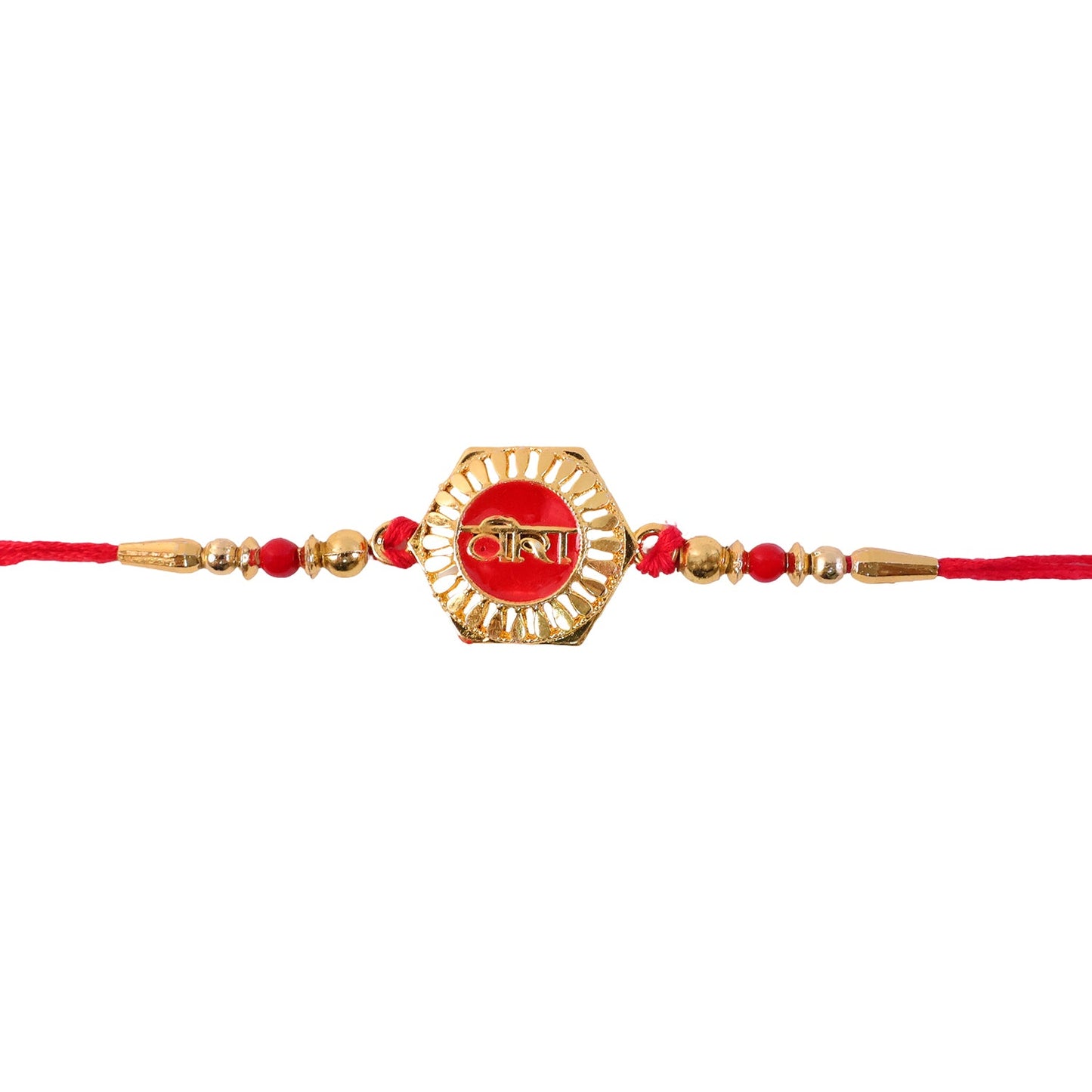 Veera Red Enamel Rakhi displayed with traditional festive elements