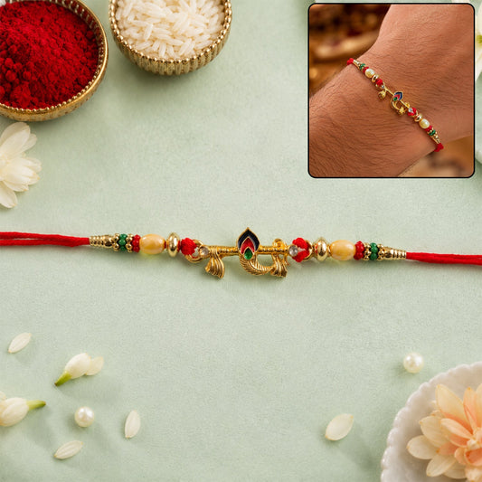 Peacock Feather Multicolor Bead Gold Tone Rakhi, front view