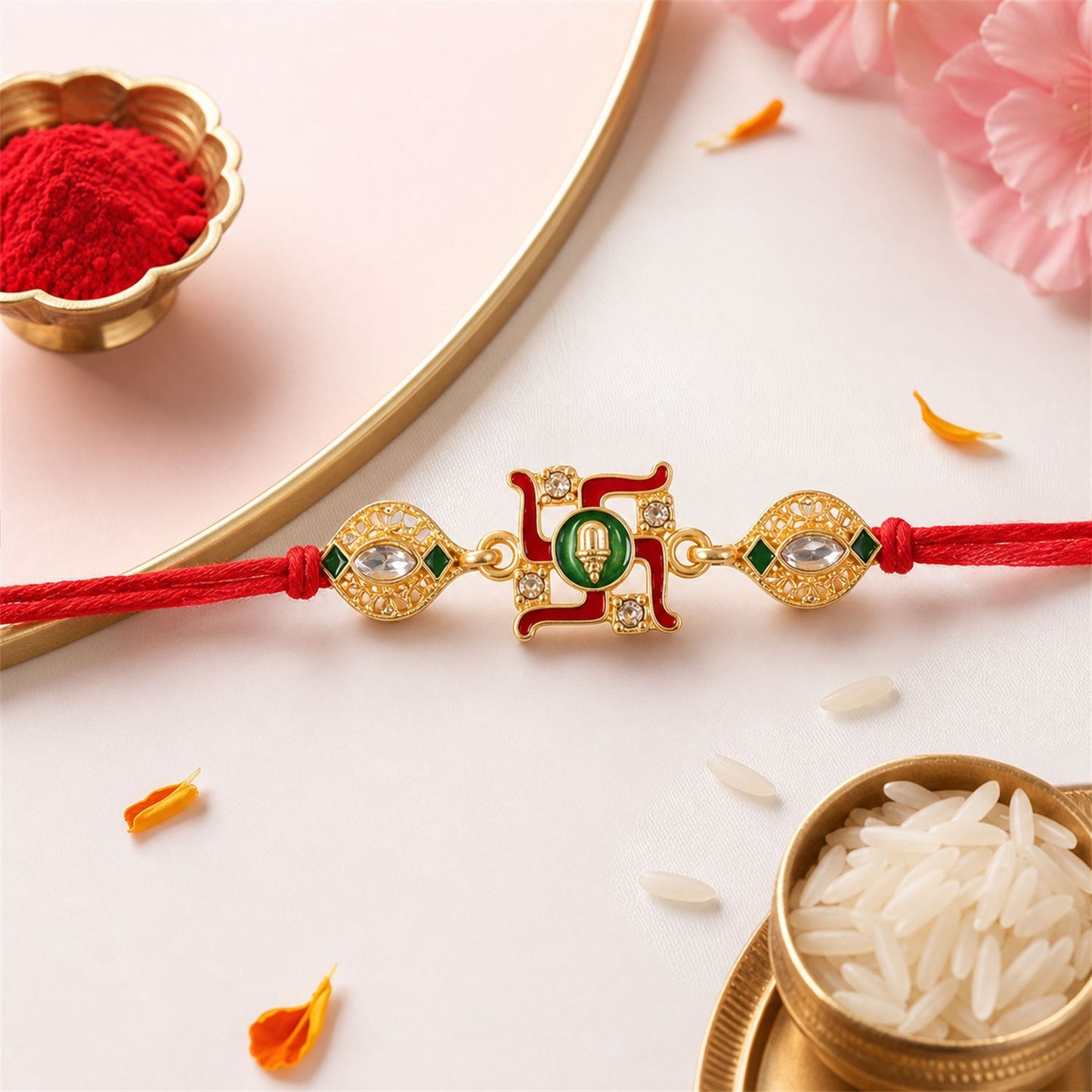 Swastik Red Green Enamel Gold Tone Rakhi