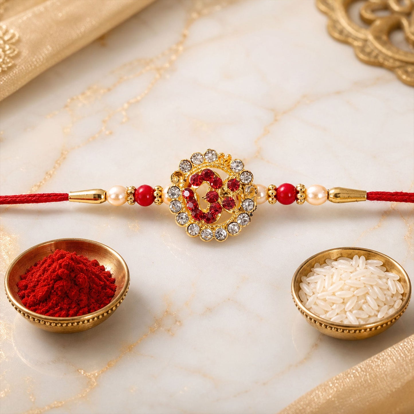 Side view of Om Stone Studded Gold Tone Rakhi with comfortable thread