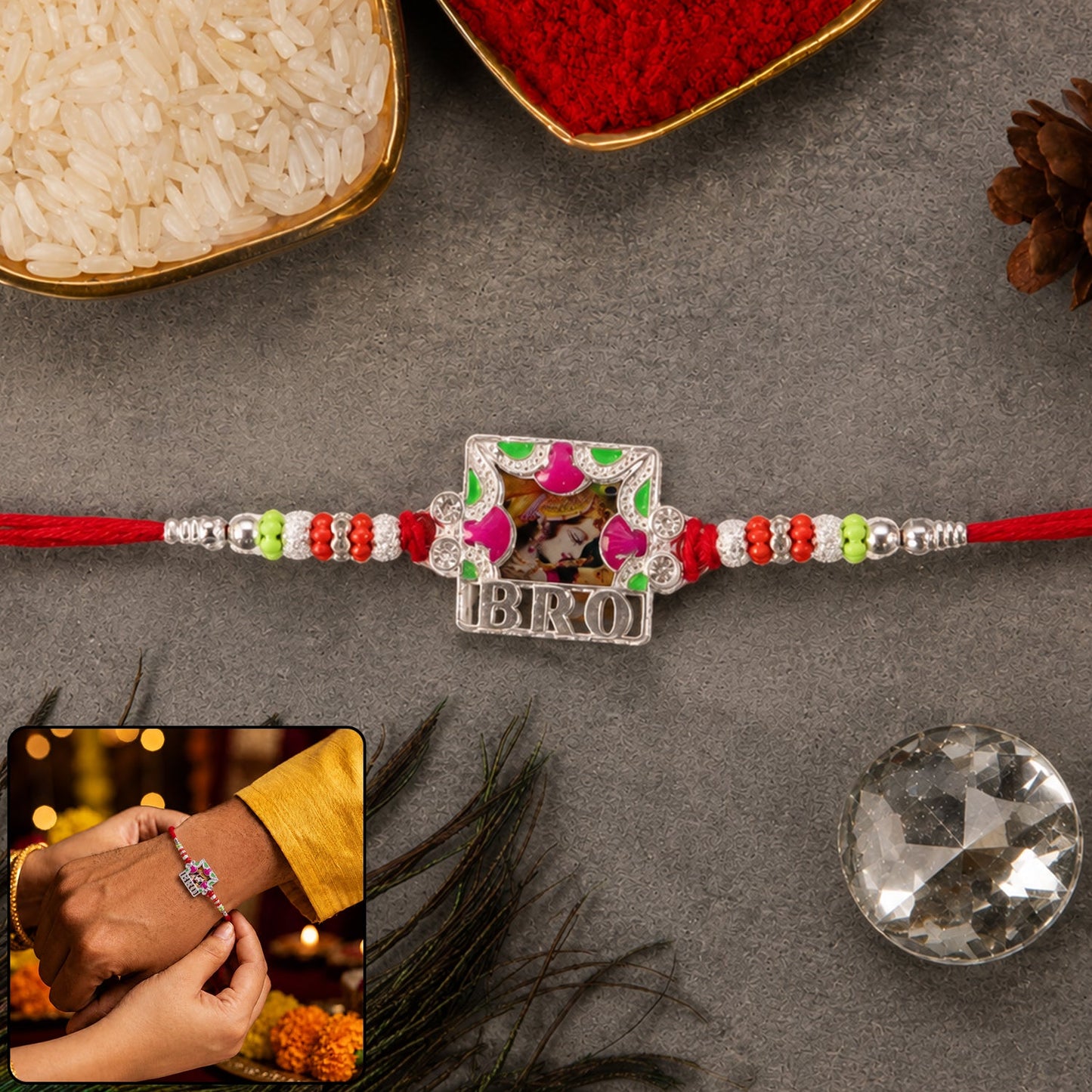Multicolor enamel 'Bro' text frame Rakhi for brother