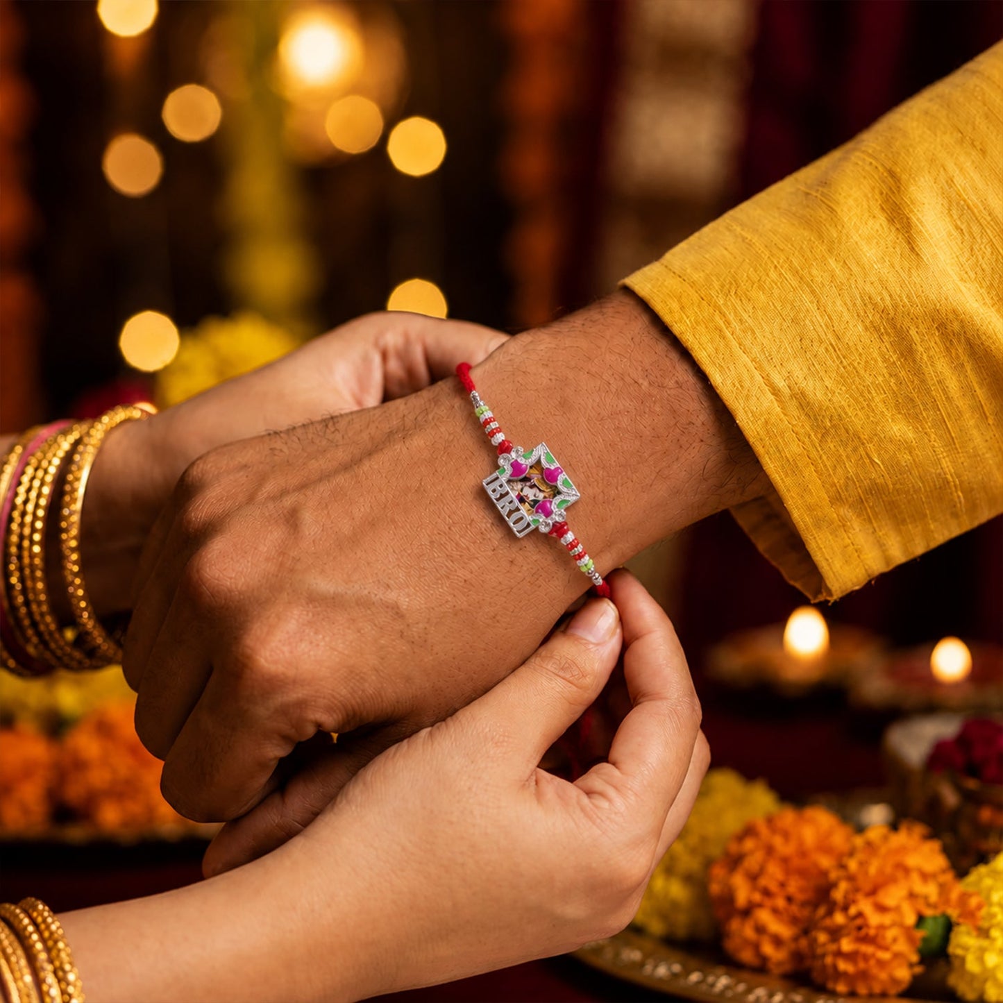 Side view of multicolor 'Bro' Rakhi with comfortable red thread