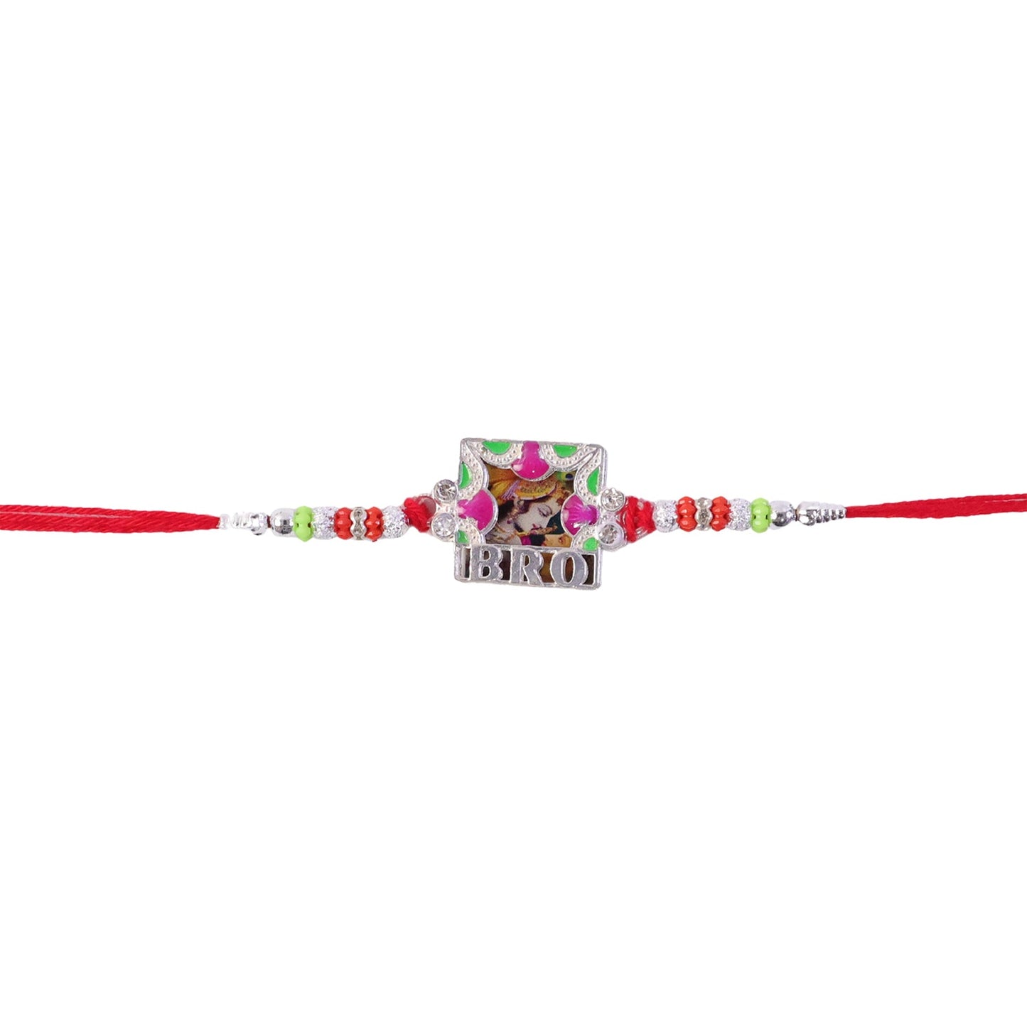 Detailed shot of the 'Bro' Rakhi's colorful enamel & thread design