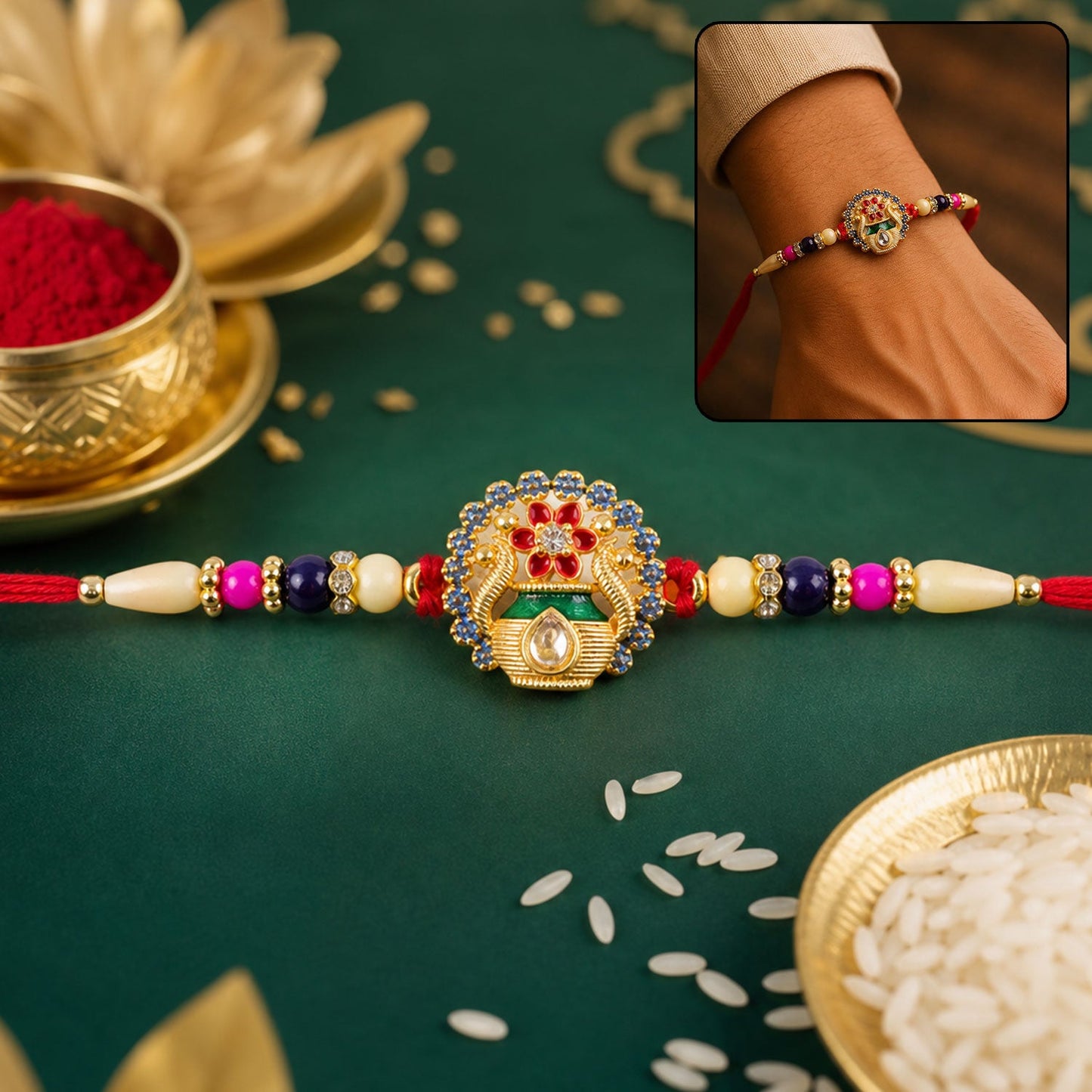 Royal Kalash Rakhi with colorful beads & thread