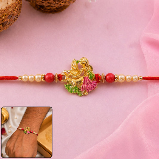 Radha Krishna Pink Green Enamel Gold Tone Rakhi