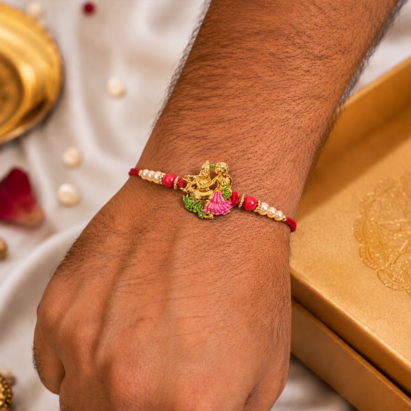 Side view of Radha Krishna rakhi showing comfortable thread
