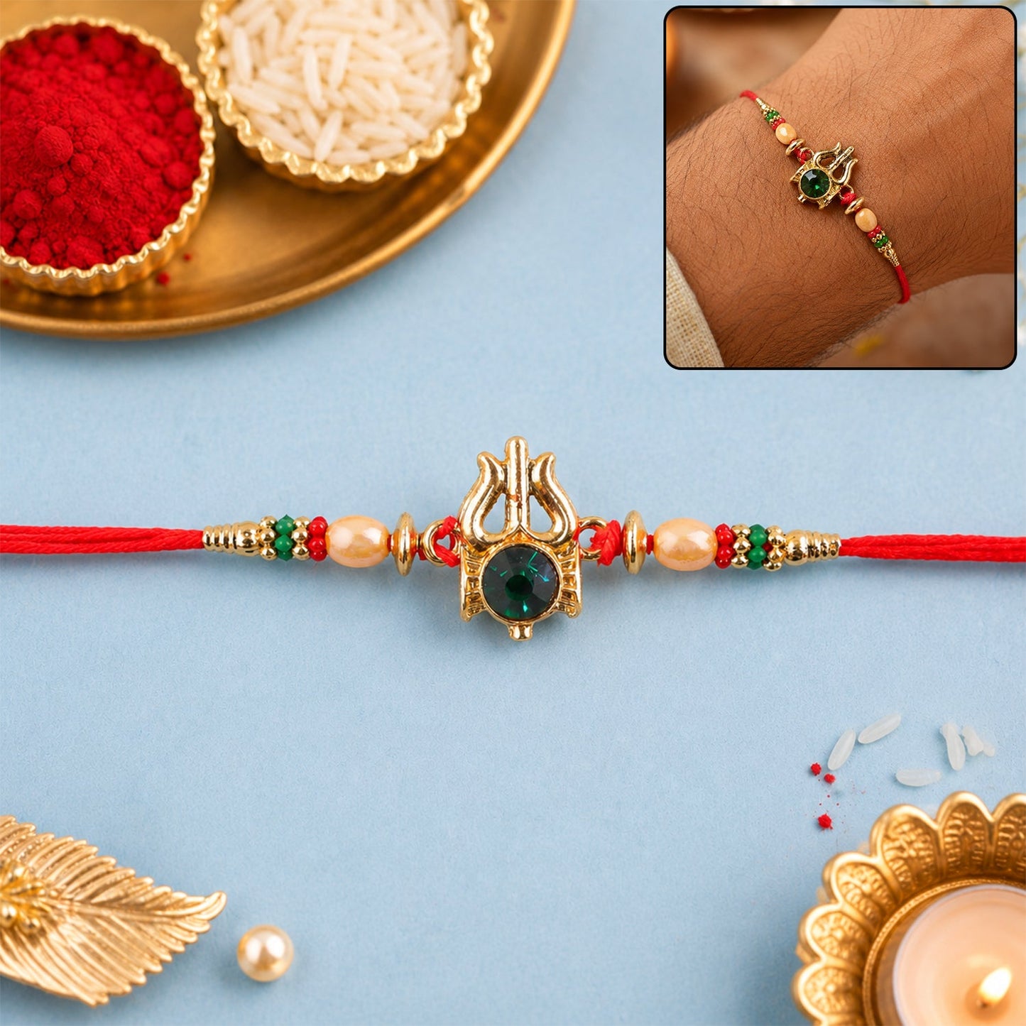 Trishul Damru Stone Studded Gold Tone Rakhi