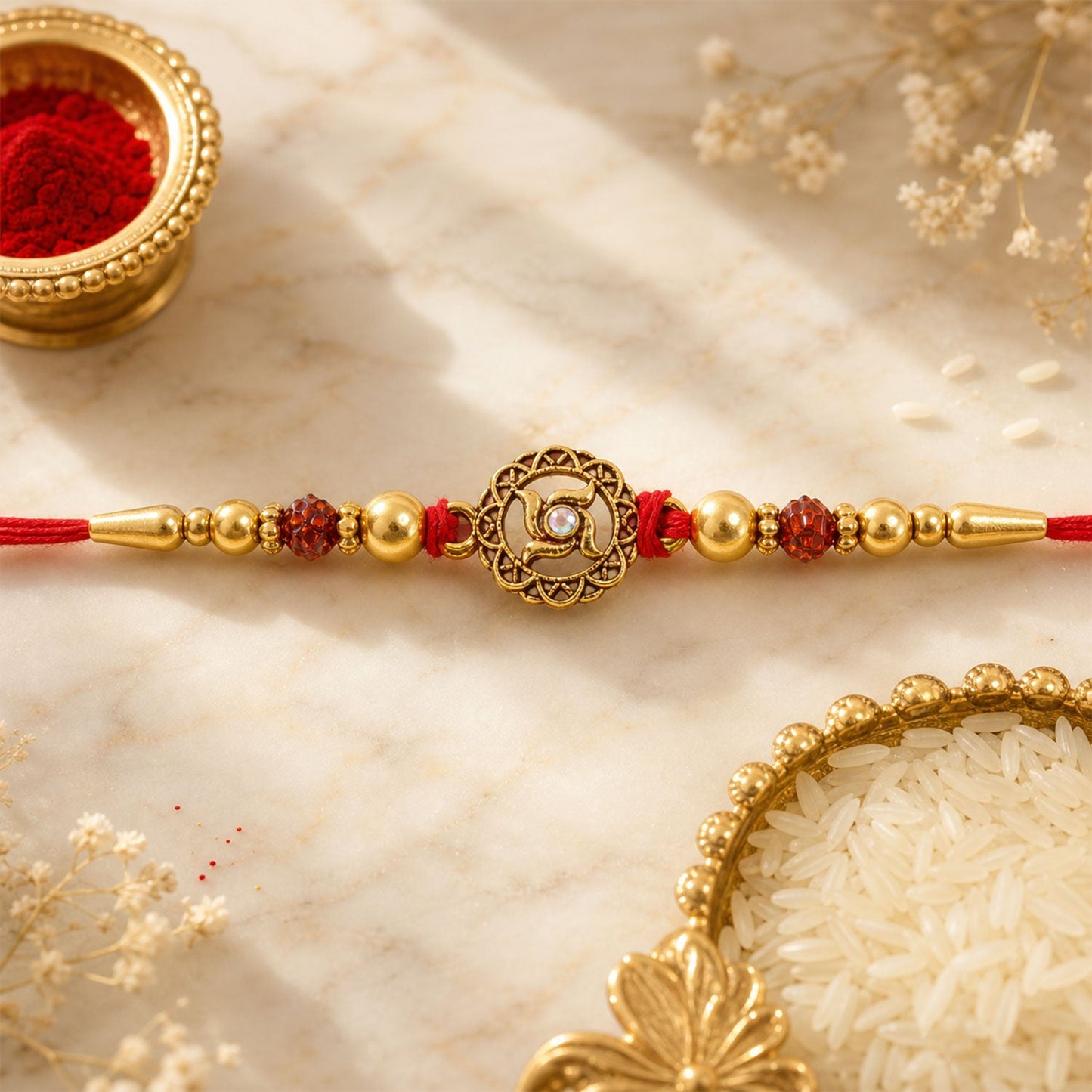 Golden Swastik Rakhi with Red Crystal Beads