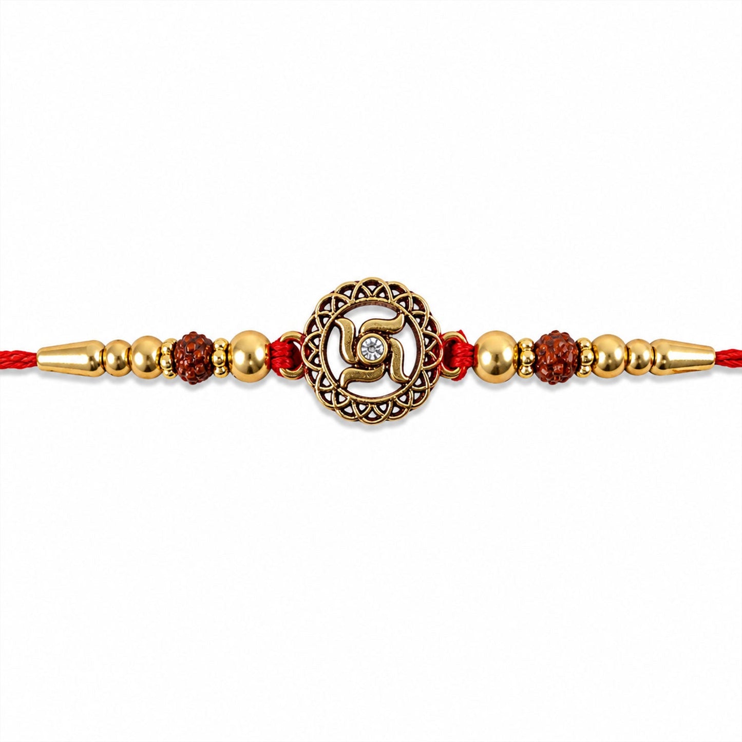 Golden Swastik Rakhi with Red Crystal Beads