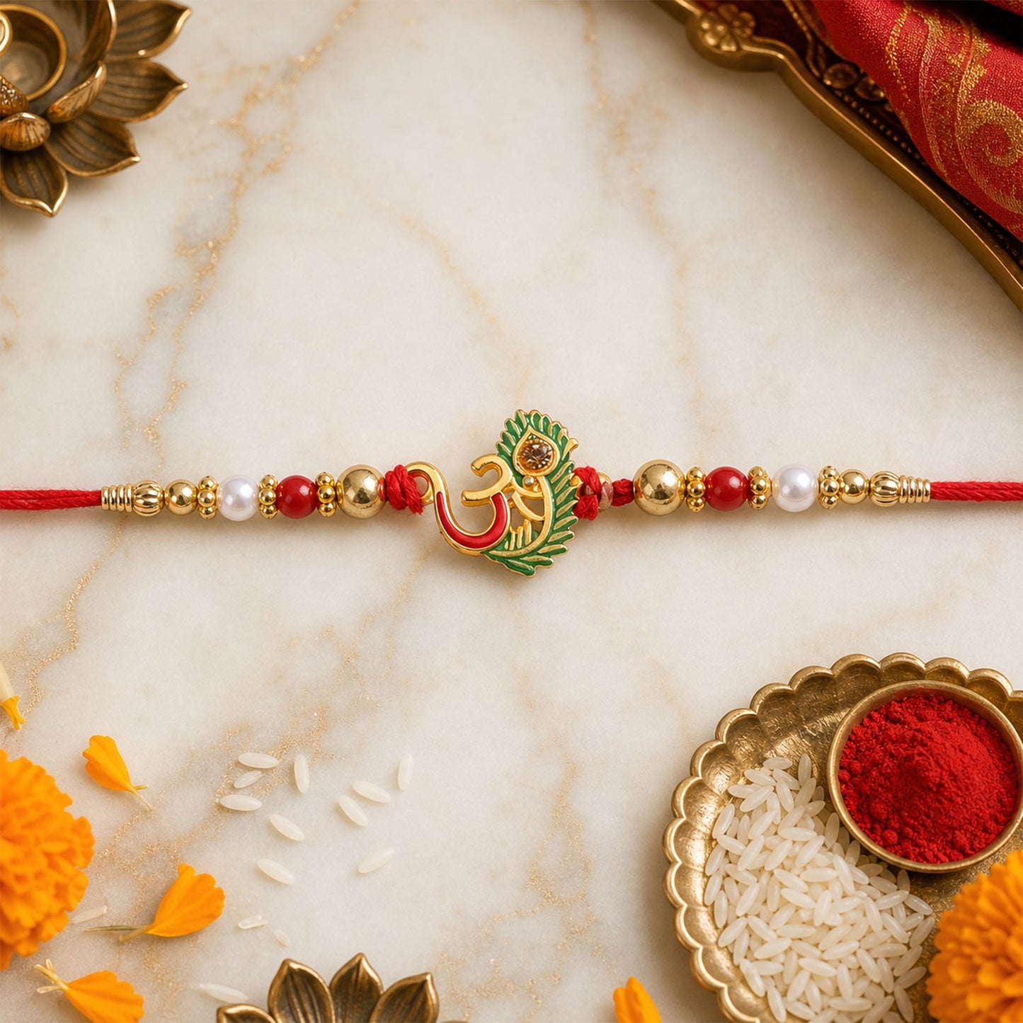 Om Peacock Feather Green Enamel Gold Tone Rakhi
