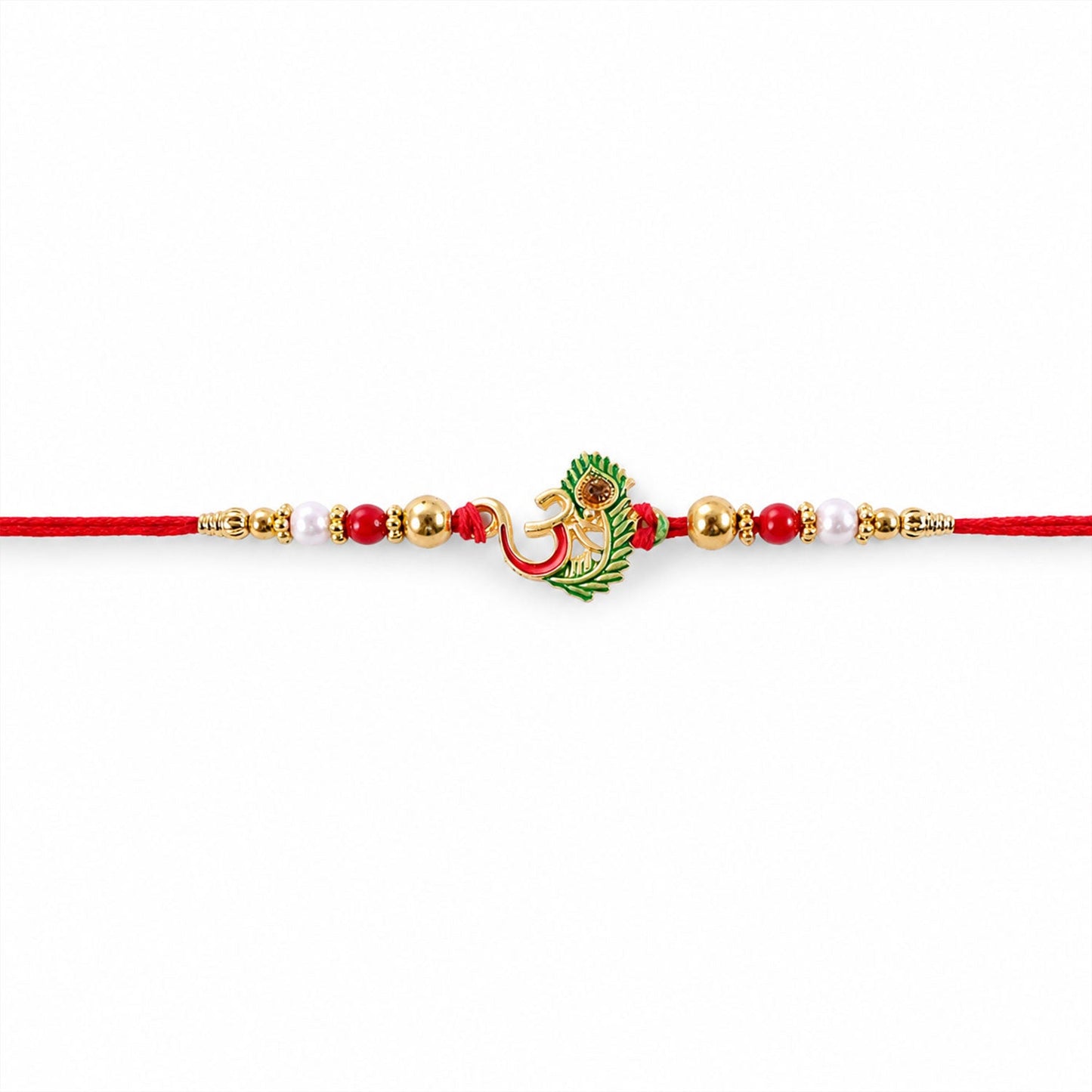 Om Peacock Feather Green Enamel Gold Tone Rakhi