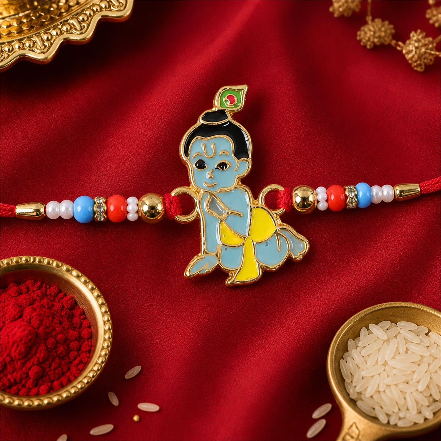 Lord Krishna Blue Enamel Multicolor Bead Rakhi