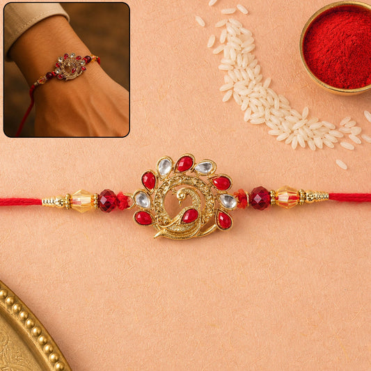 Peacock Red Stone Studded Gold Tone Rakhi