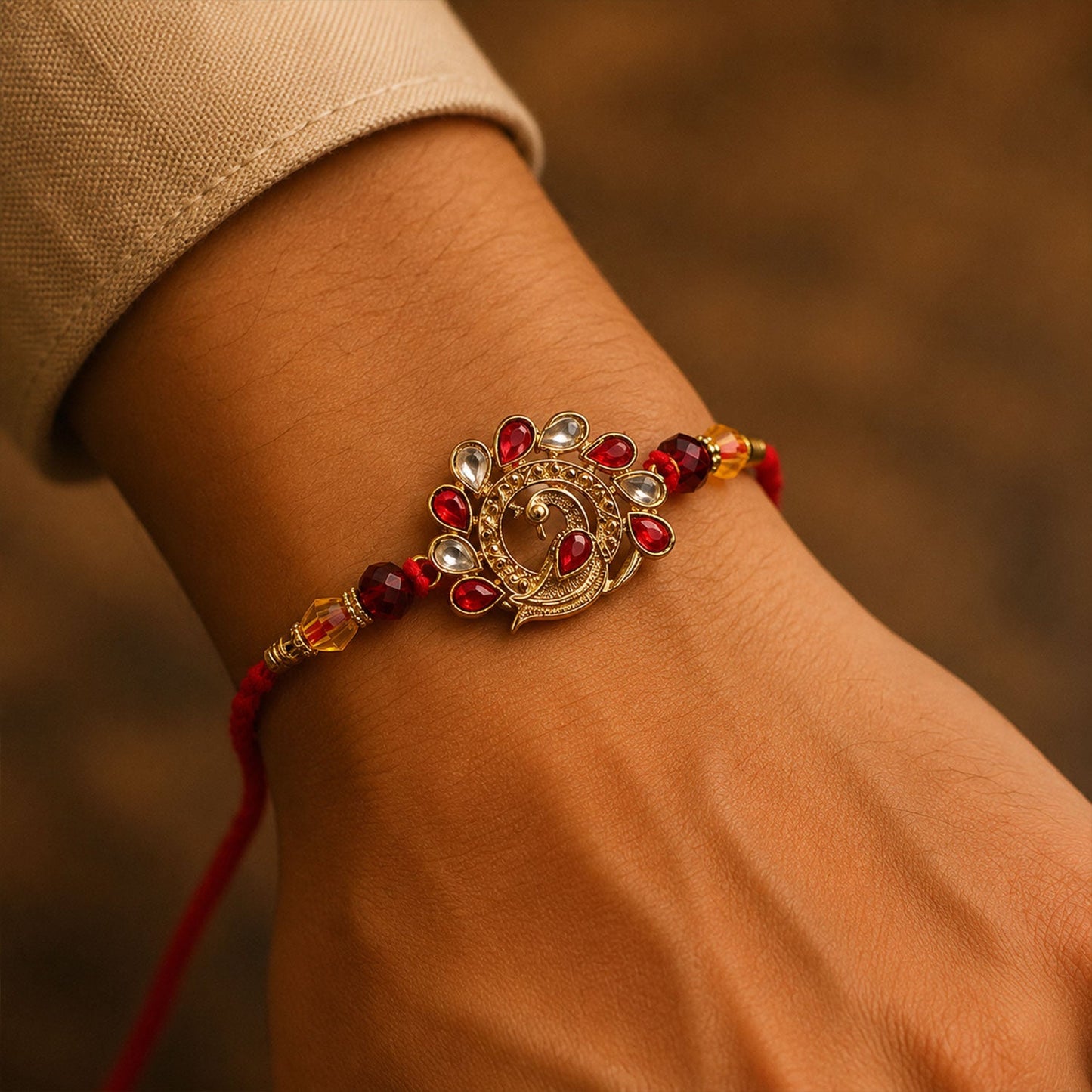 Peacock Red Stone Studded Gold Tone Rakhi
