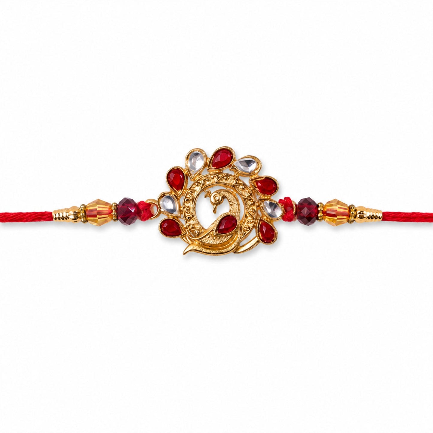 Peacock Red Stone Studded Gold Tone Rakhi