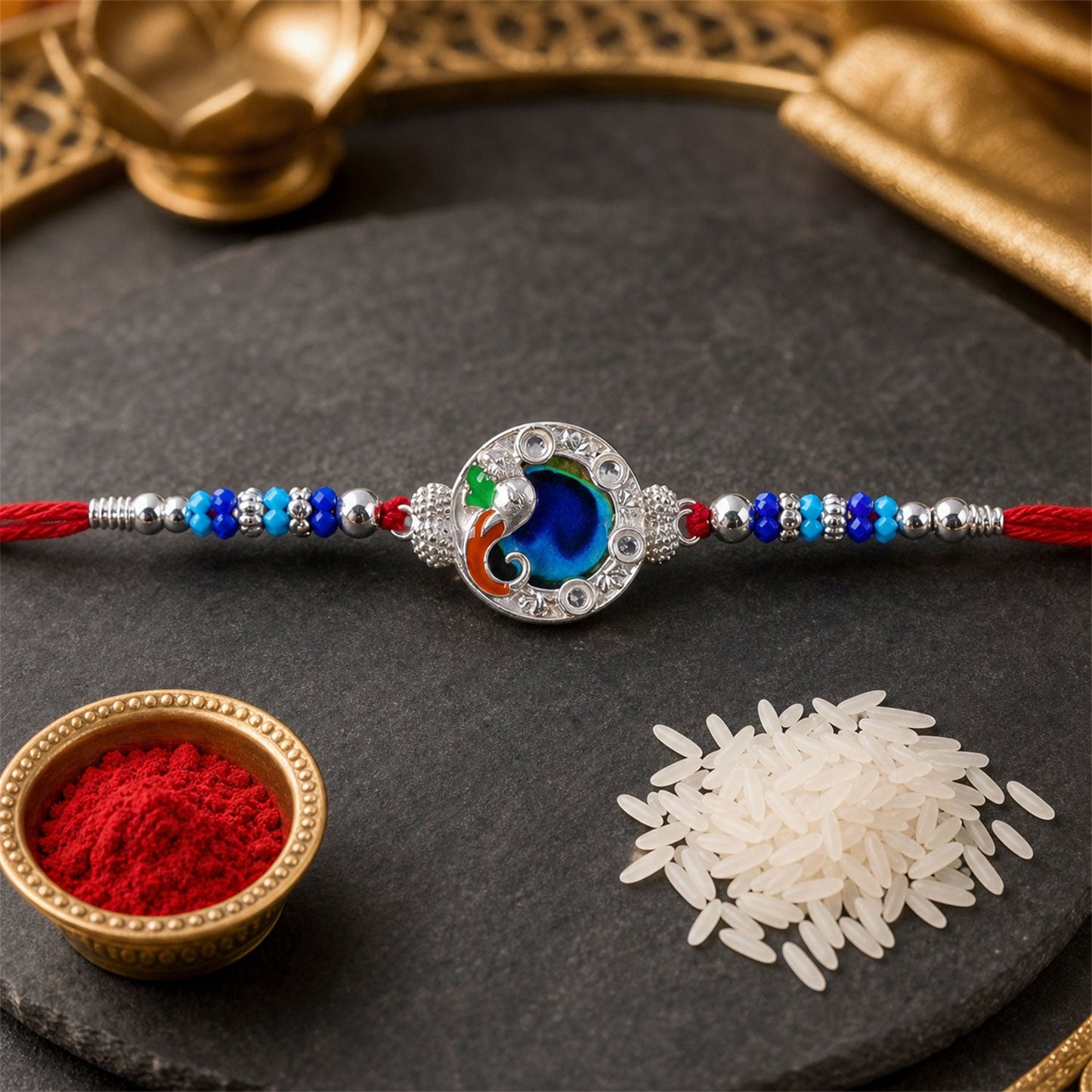 Peacock Blue Stone Silver Tone Rakhi