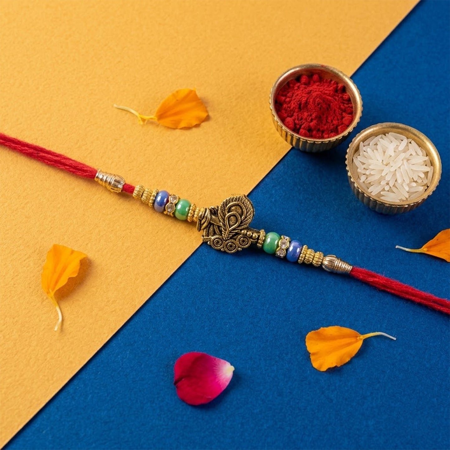 Antique Oxidized Golden Peacock Design Rakhi for Brother