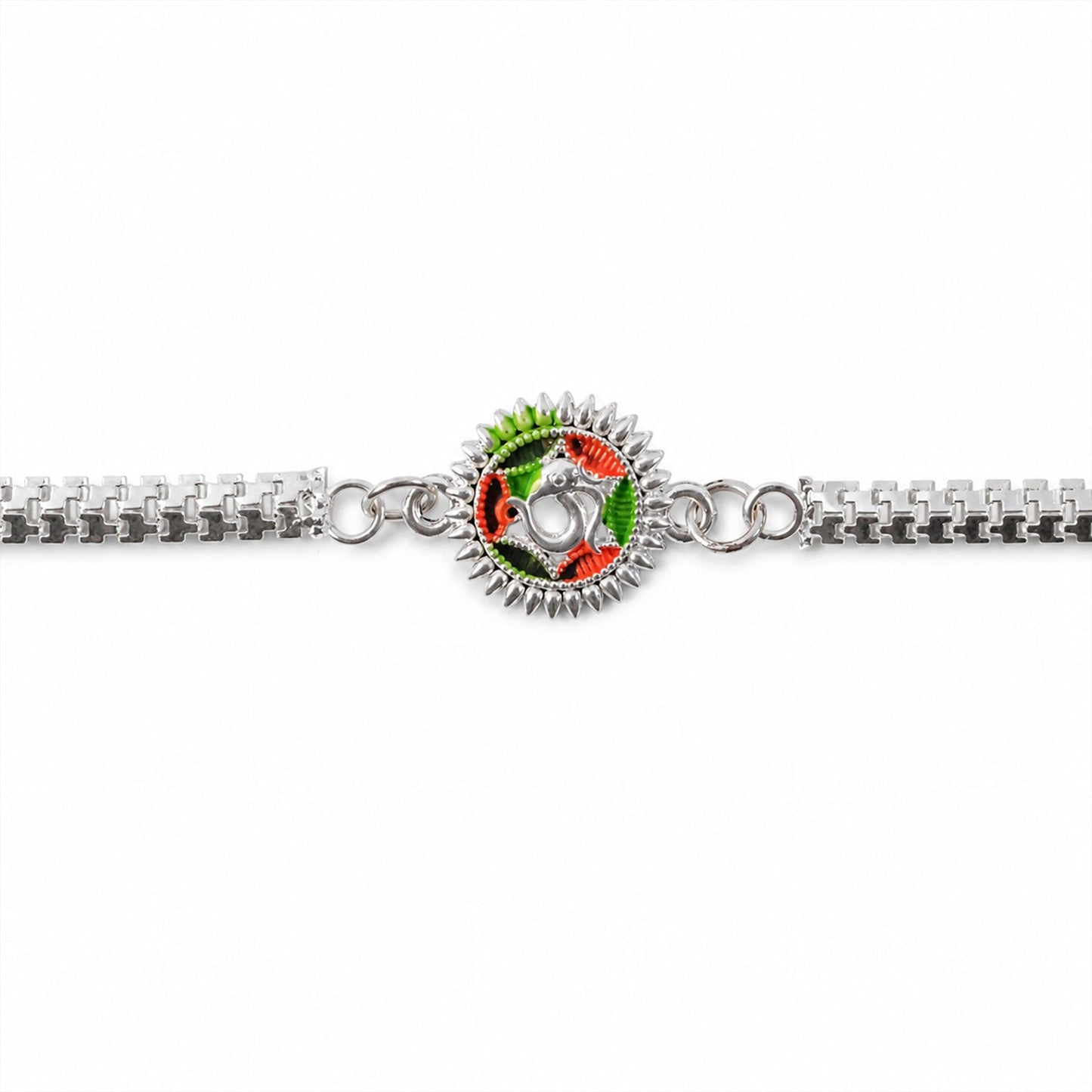 Silver Oxidized Meenakari Om Rakhi with Sunray Design