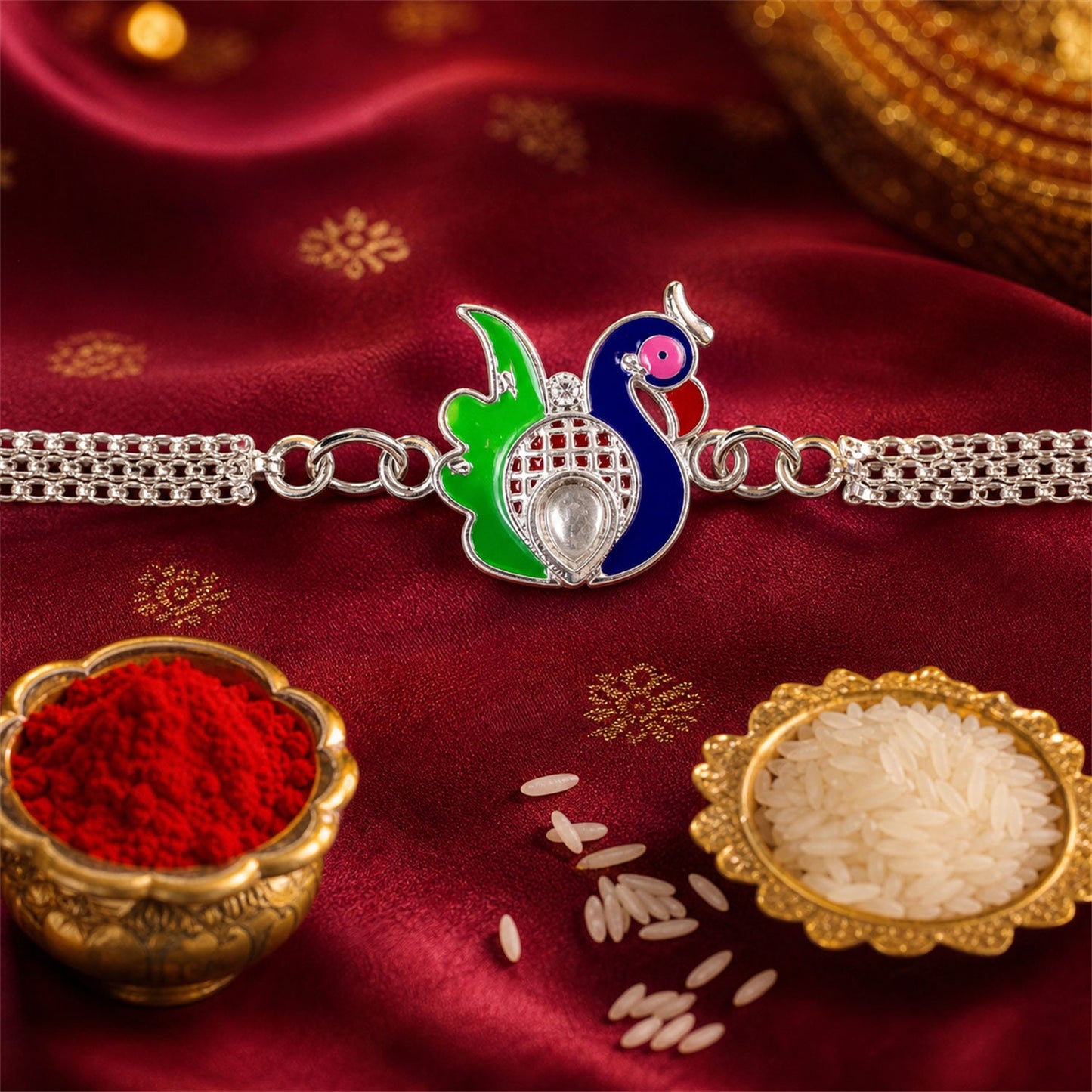 Silver Peacock Meenakari Chain Rakhi for Brother