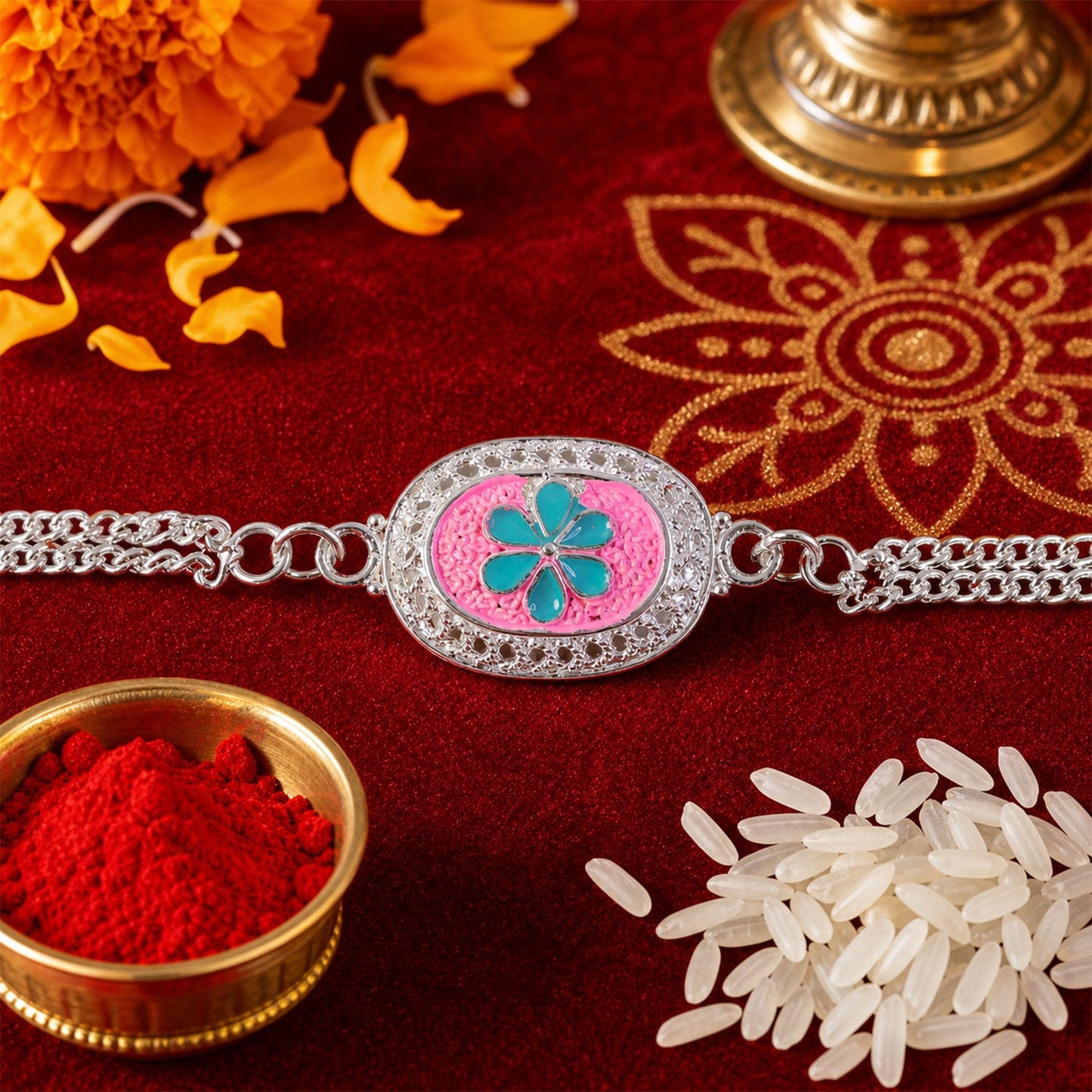 Silver Floral AD Stone Bracelet Rakhi for Brother