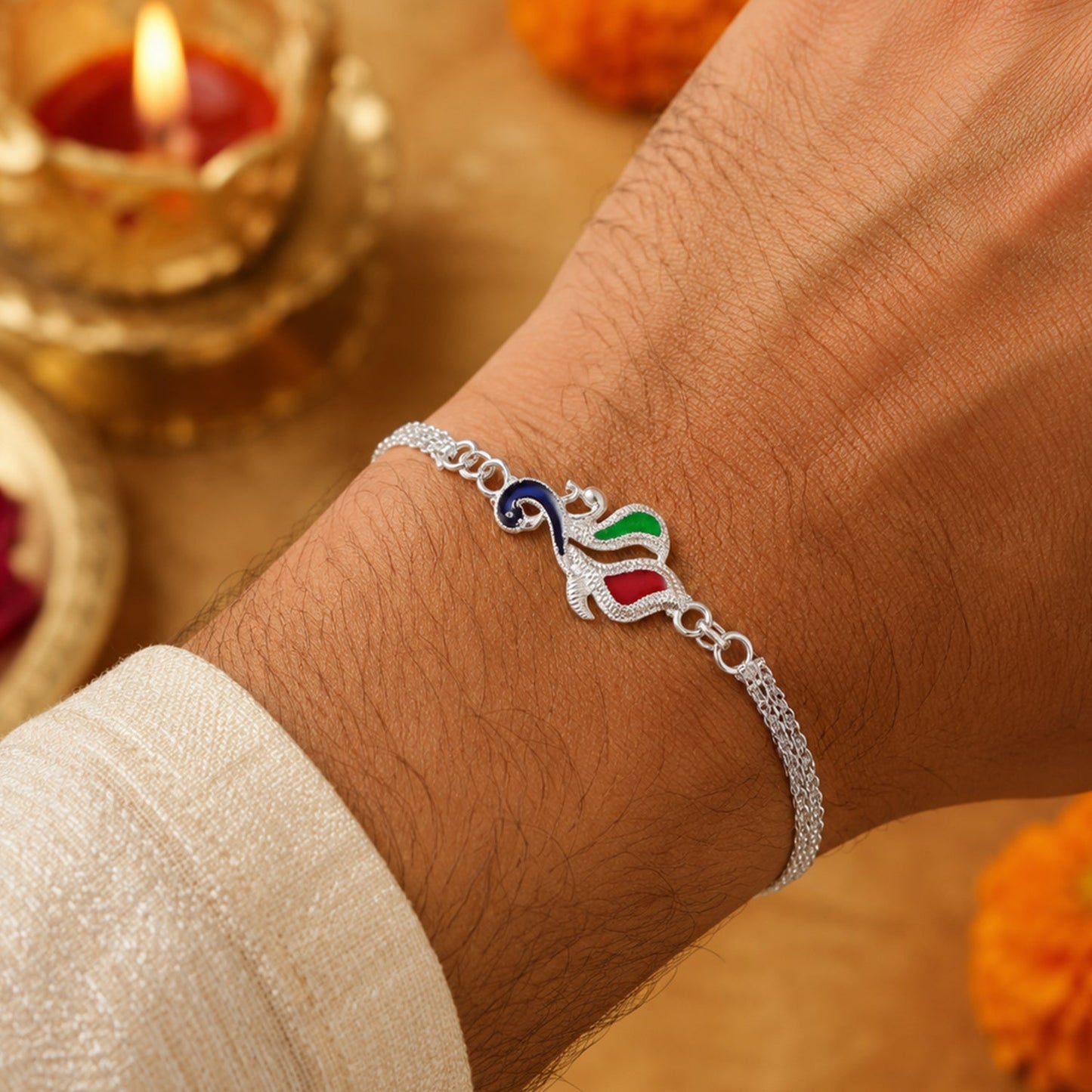Silver Peacock Enamel Bracelet Chain Rakhi for Brother