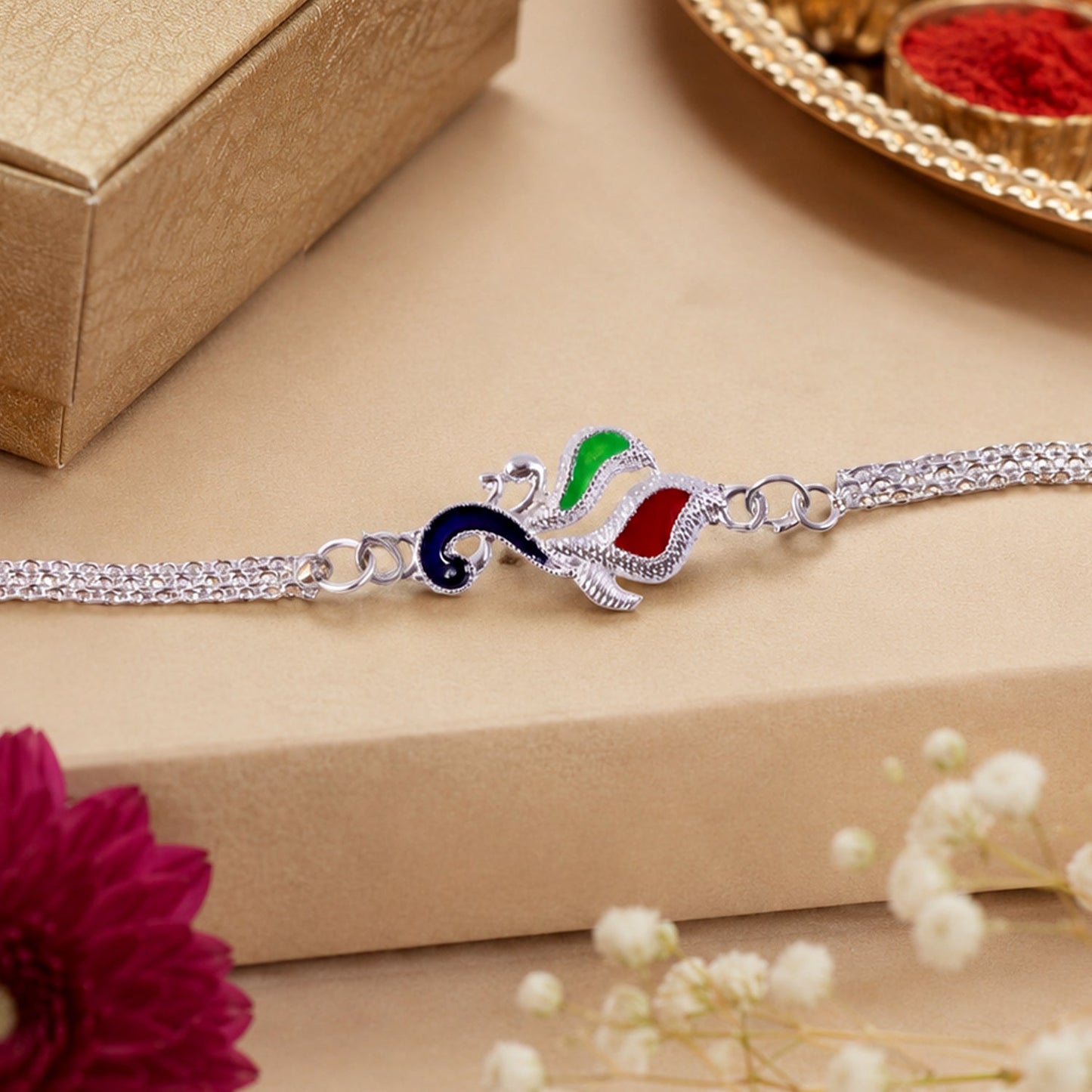 Silver Peacock Enamel Bracelet Chain Rakhi for Brother