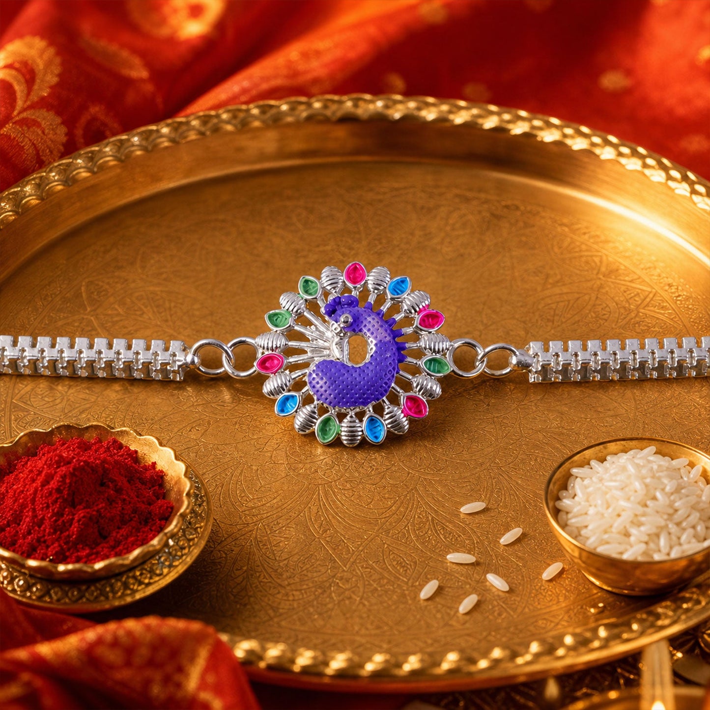 Silver Peacock Meenakari Chain Bracelet Rakhi for Brother