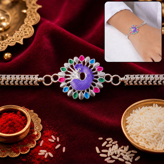 Silver Peacock Meenakari Chain Bracelet Rakhi for Brother