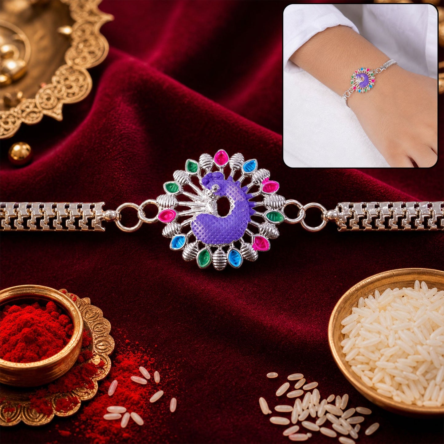 Silver Peacock Meenakari Chain Bracelet Rakhi for Brother