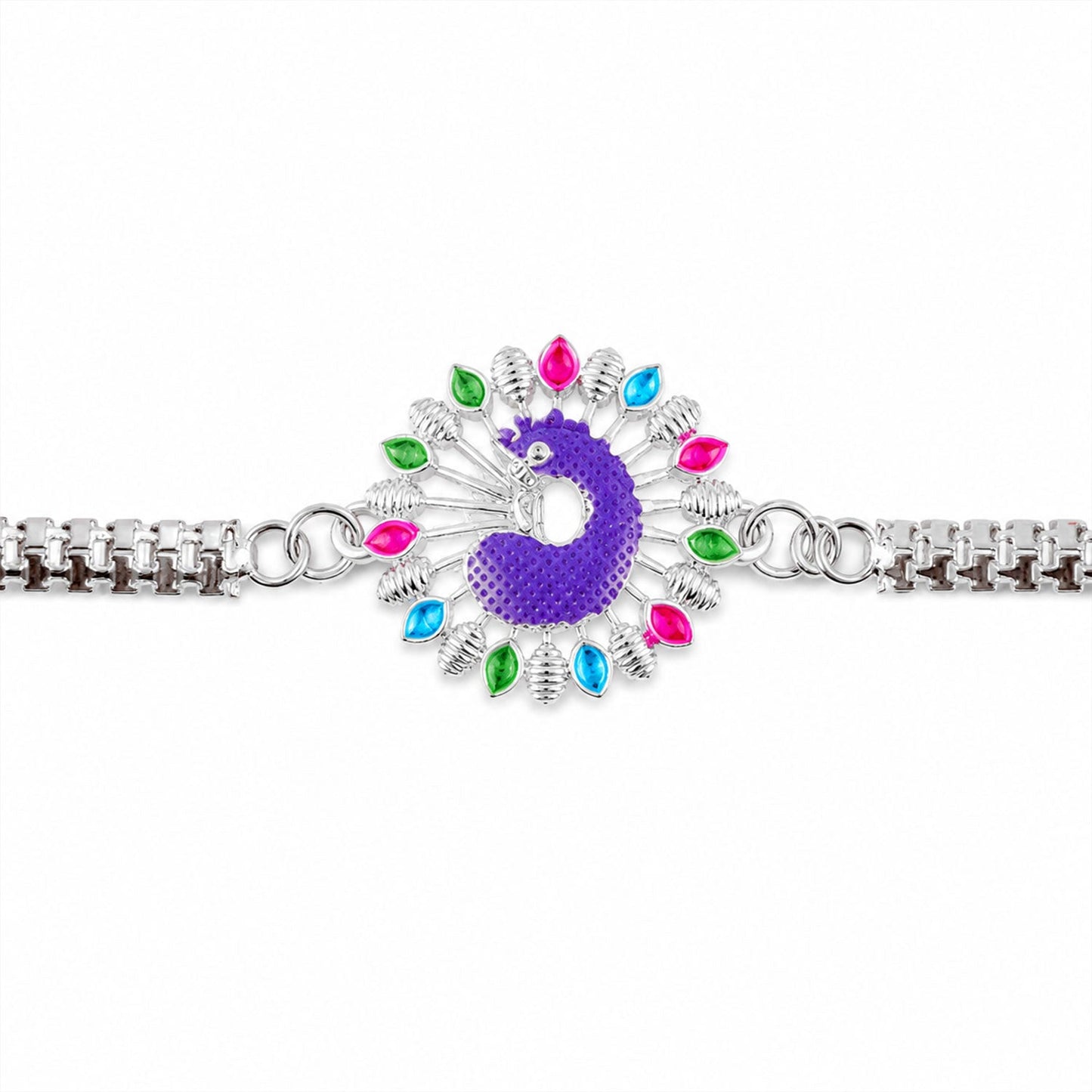 Silver Peacock Meenakari Chain Bracelet Rakhi for Brother
