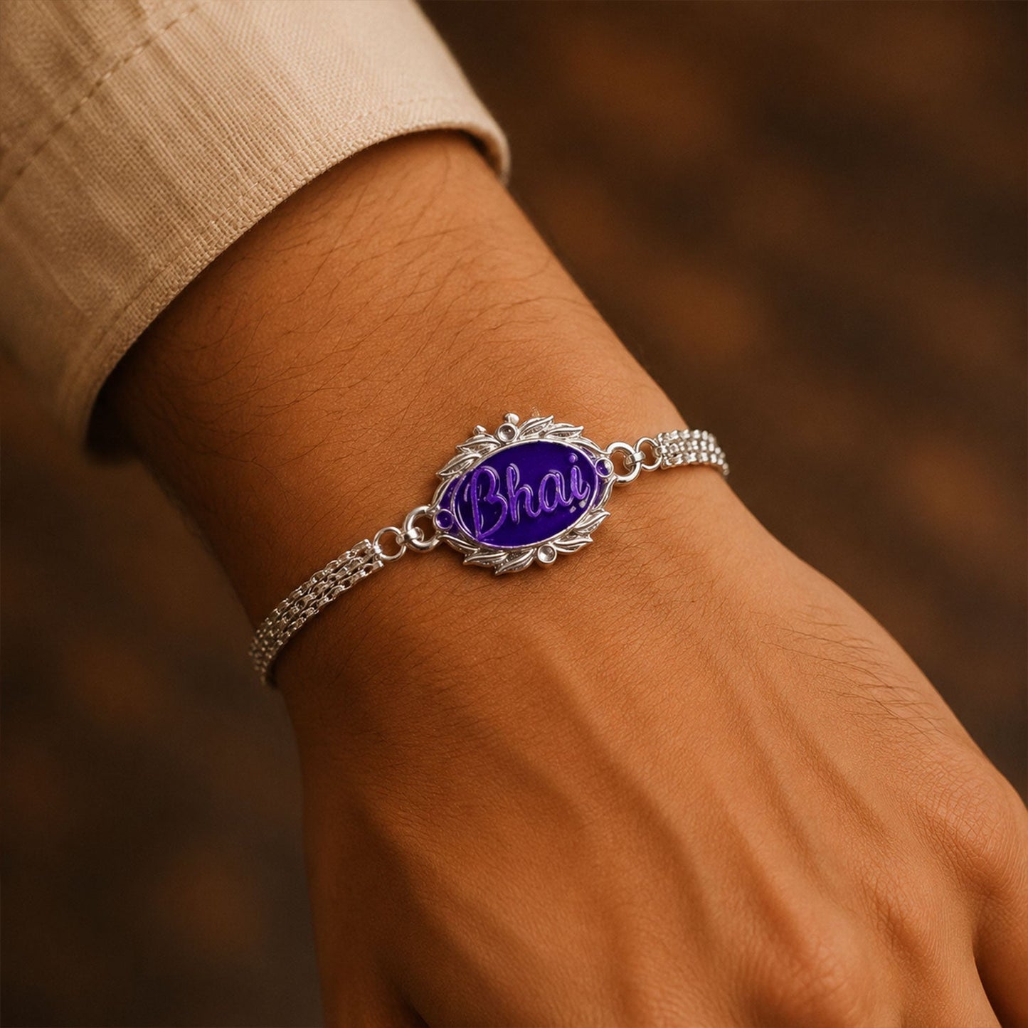 Silver Bhai Name Engraved Designer Rakhi for Brother