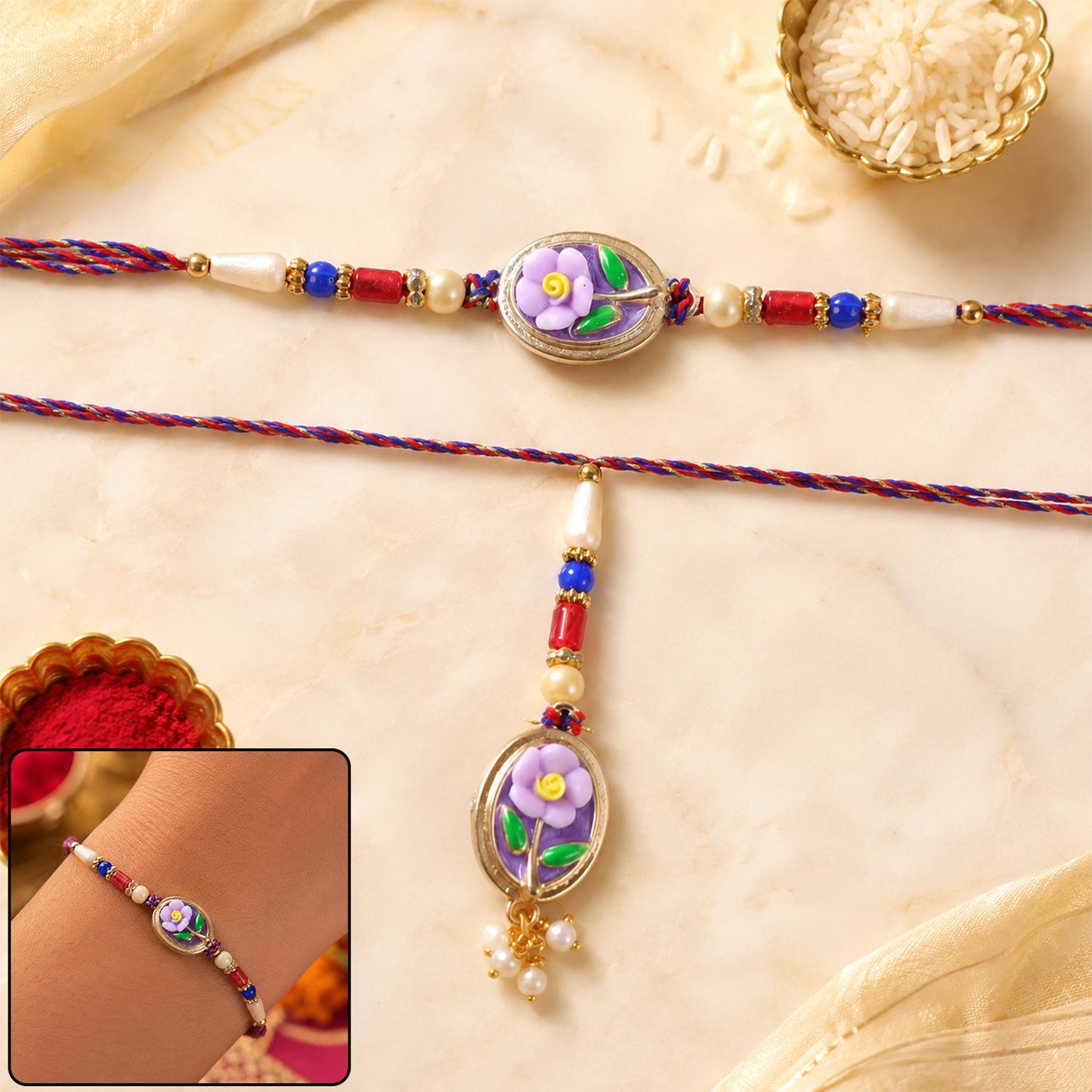 Floral Kundan Bhaiya Bhabhi Lumba Rakhi