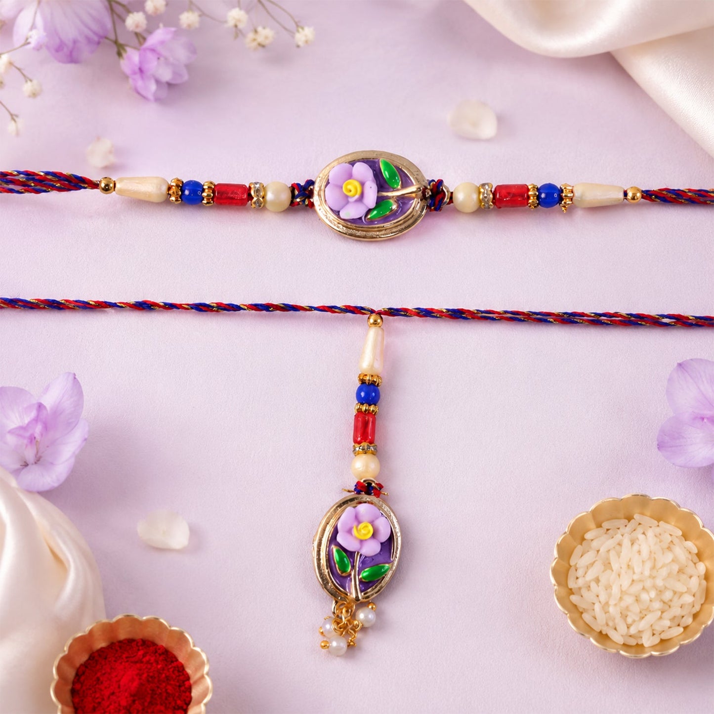 Floral Kundan Bhaiya Bhabhi Lumba Rakhi