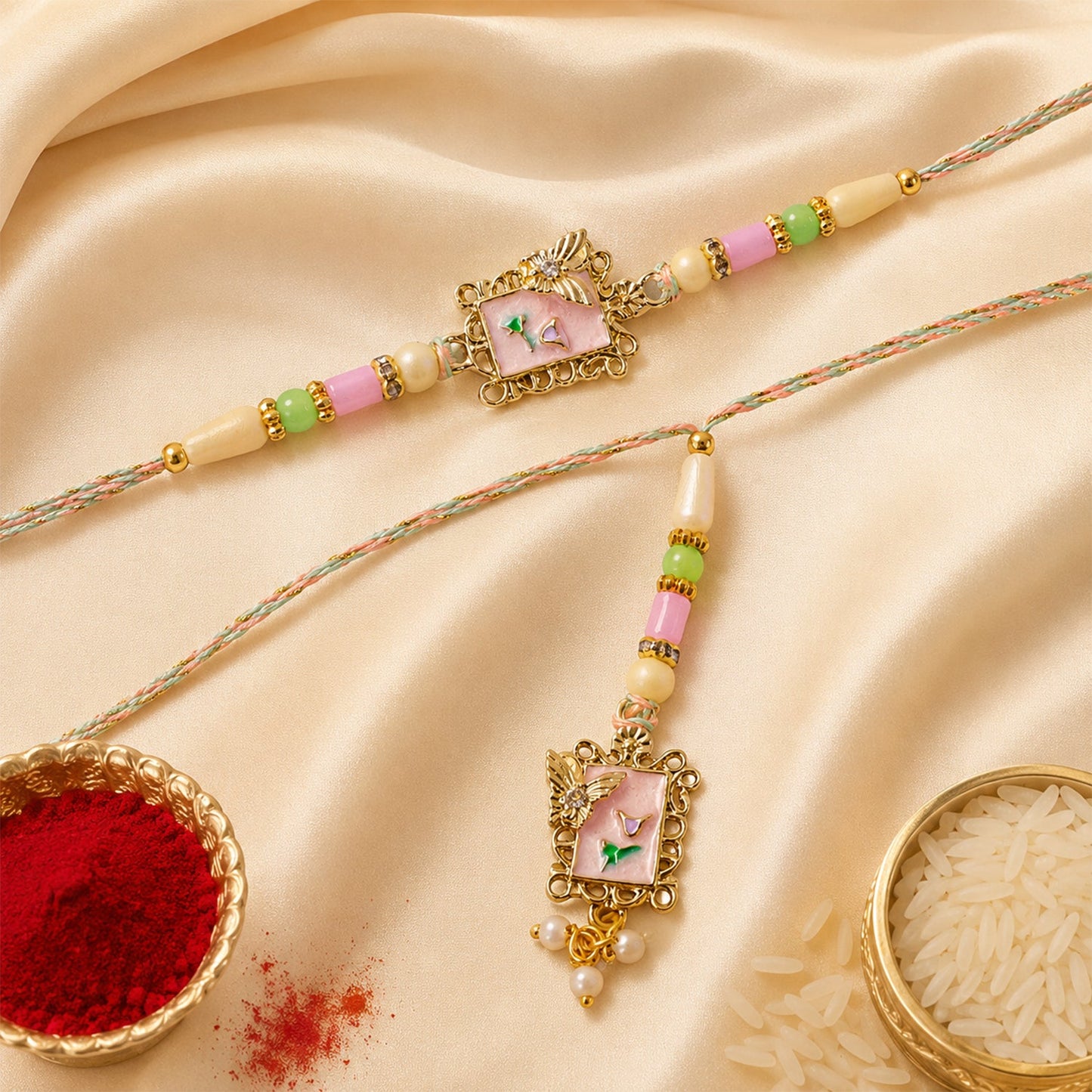 Pink Floral Kundan Bhaiya Bhabhi Lumba Rakhi with Pearls