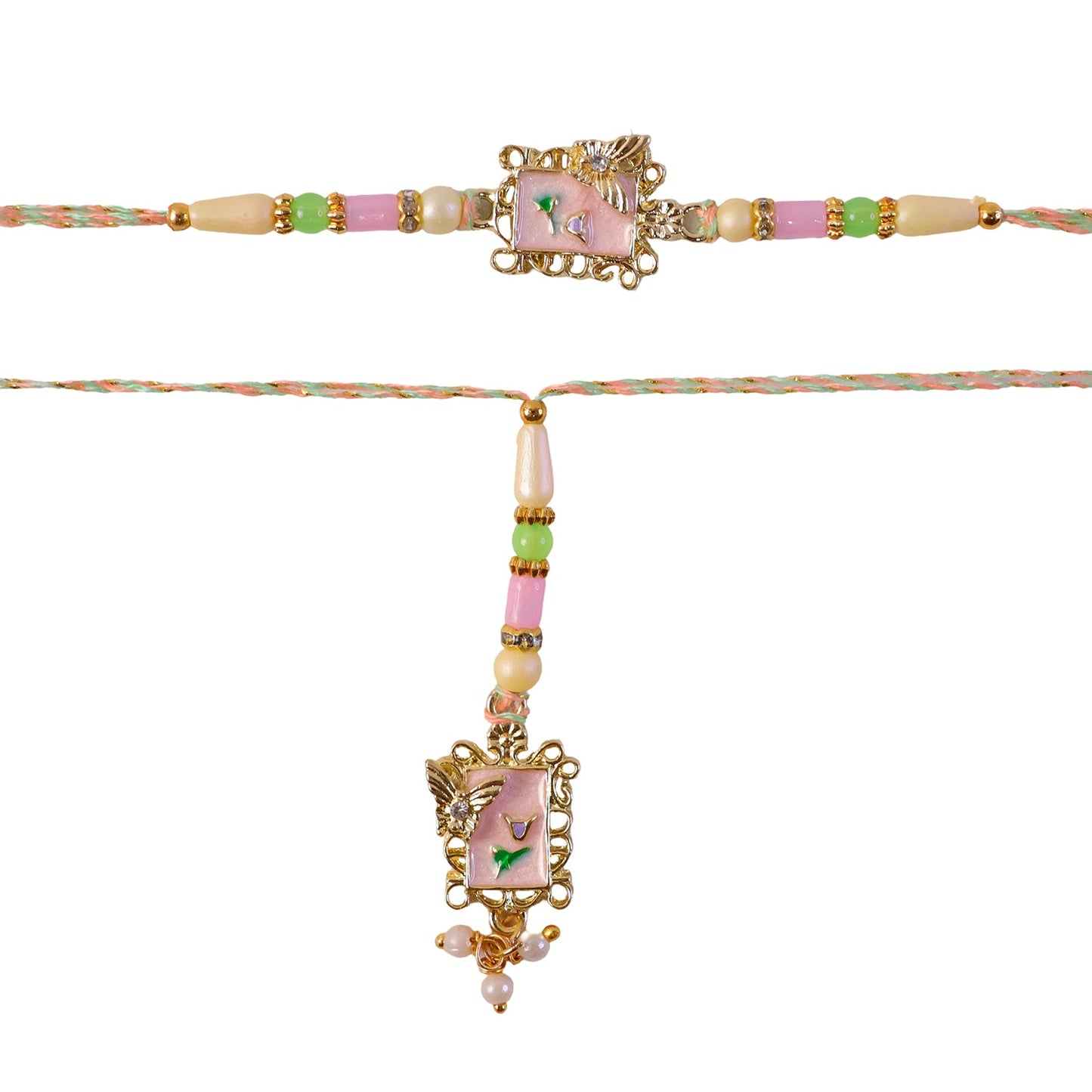 Pink Floral Kundan Bhaiya Bhabhi Lumba Rakhi with Pearls