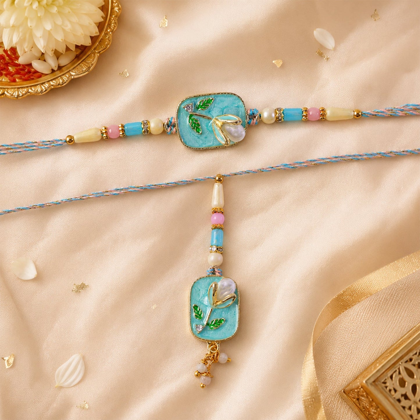 Teal Stone Bhaiya Bhabhi Lumba Rakhi with Pearl