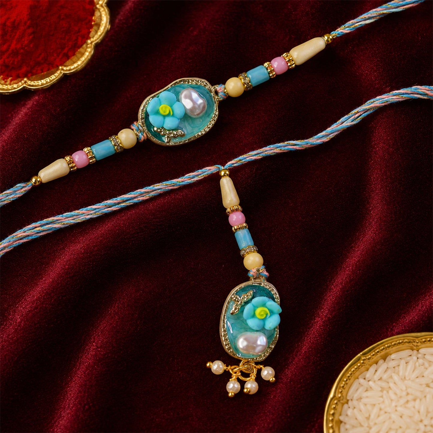 Aqua Floral Bhaiya Bhabhi Lumba Rakhi with Pearl